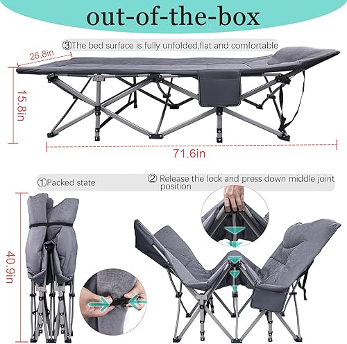 Miniatura 2 de KAKO Catre plegable para campamento, cama portátil resistente de 600 libras para adultos, camas de campamento con bolsa de transporte, color gris