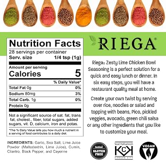 Riega Chili Seasoning Mix, Organic Spice Blend for Cooking Soups and Stews, 0.9 oz Packets, 8 Count (Zesty Lime Chicken)