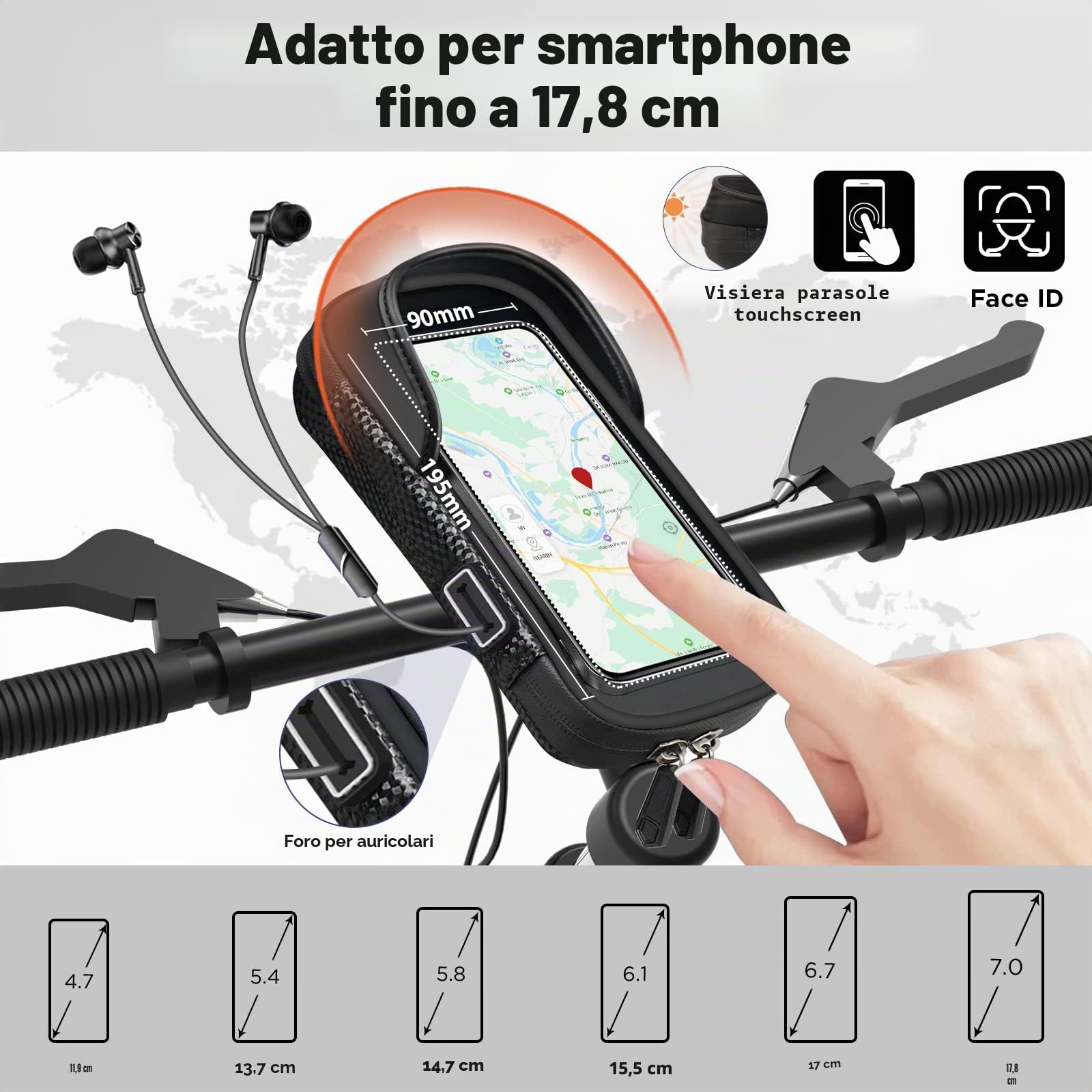 Vitalismo Porta Cellulare Bici Impermeabile, Borsa Manubrio Bici con Parapioggia Supporto Telefono Bici MTB Monopattino Elettrico Moto Rotazione 360°Touch Screen per smartphone 7 Pollici
