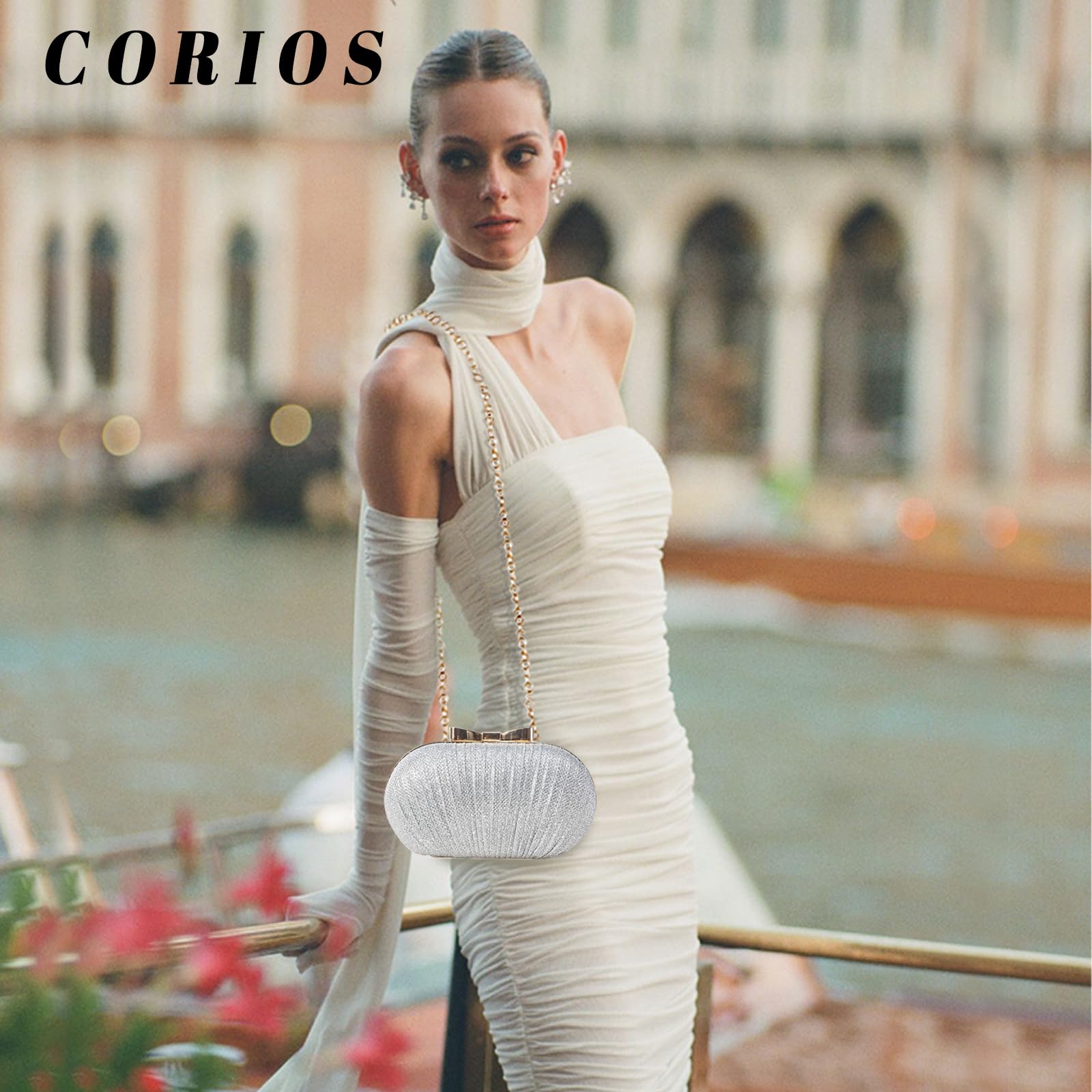 CORIOS Lentejuelas Clutch para Mujer Bolsa de Noche Lujoso Bolso de Hombro Bolso de Boda Bolso de Fiesta Bolsa de Cadena Pequeña Elegante Bolsos Bandolera para Fiesta de Graduación Banquete Plata