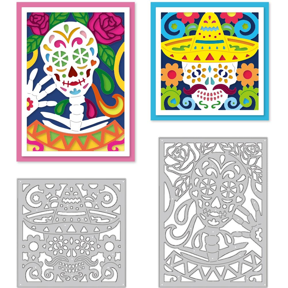 DELORIGIN Day of The Dead Skull Die Cuts for Card Making, Carbon Steel Die Cuts Skeleton Background Frame Stencils Scrapbooking Embossing Template Dies for Halloween Crafting DIY Photo Album Paper