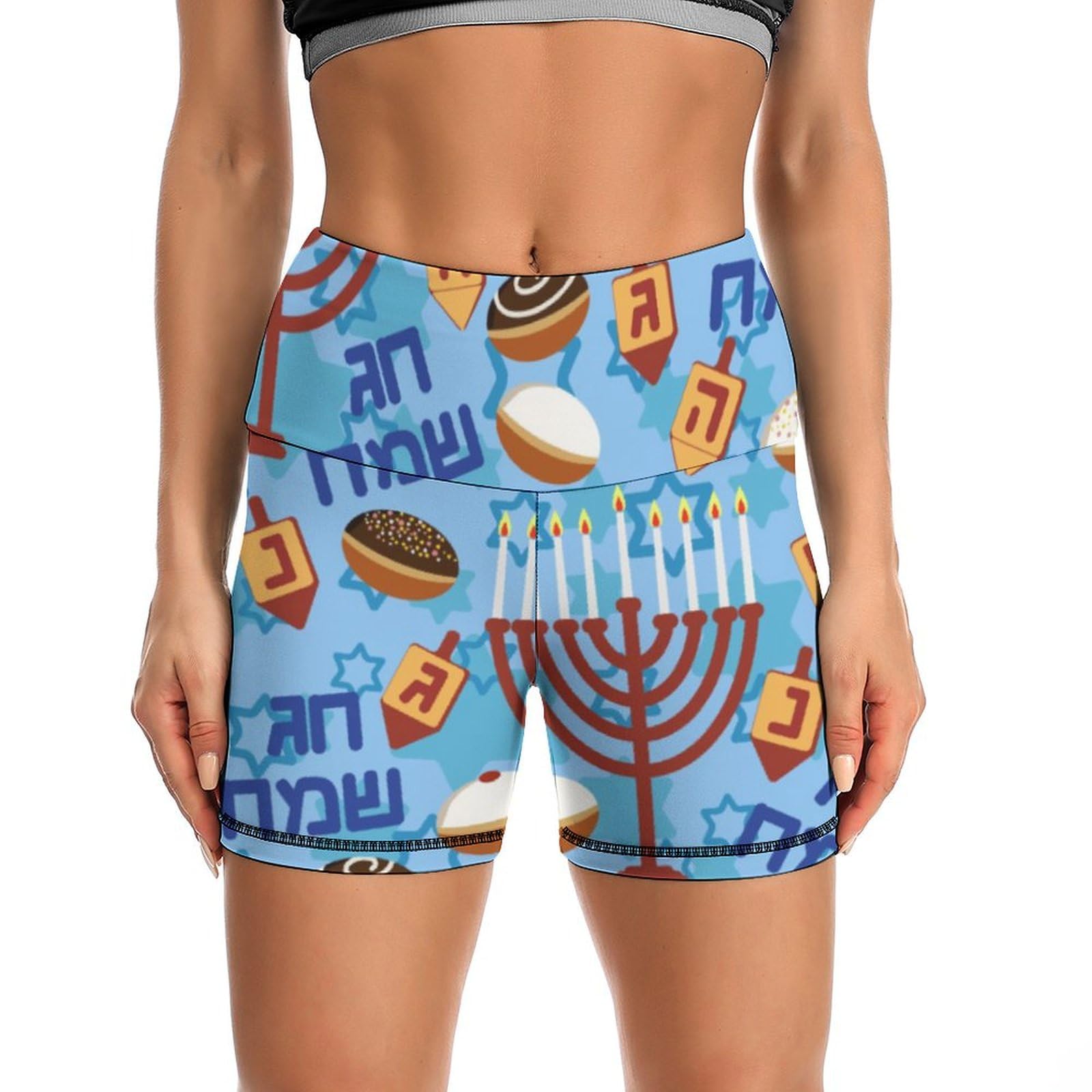 Happy Hanukkah Jewish Chanukah Holiday High Waist Yoga Shorts for Women Athletic Shorts Leggings Running Pants Black