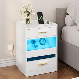 YITAHOME Bedside Table, Side Table with LED Lights and Charging Station, Bedside Cabinet Bedside with Storage Drawers for Living Room Bedroom, 40x40x60cm, White
