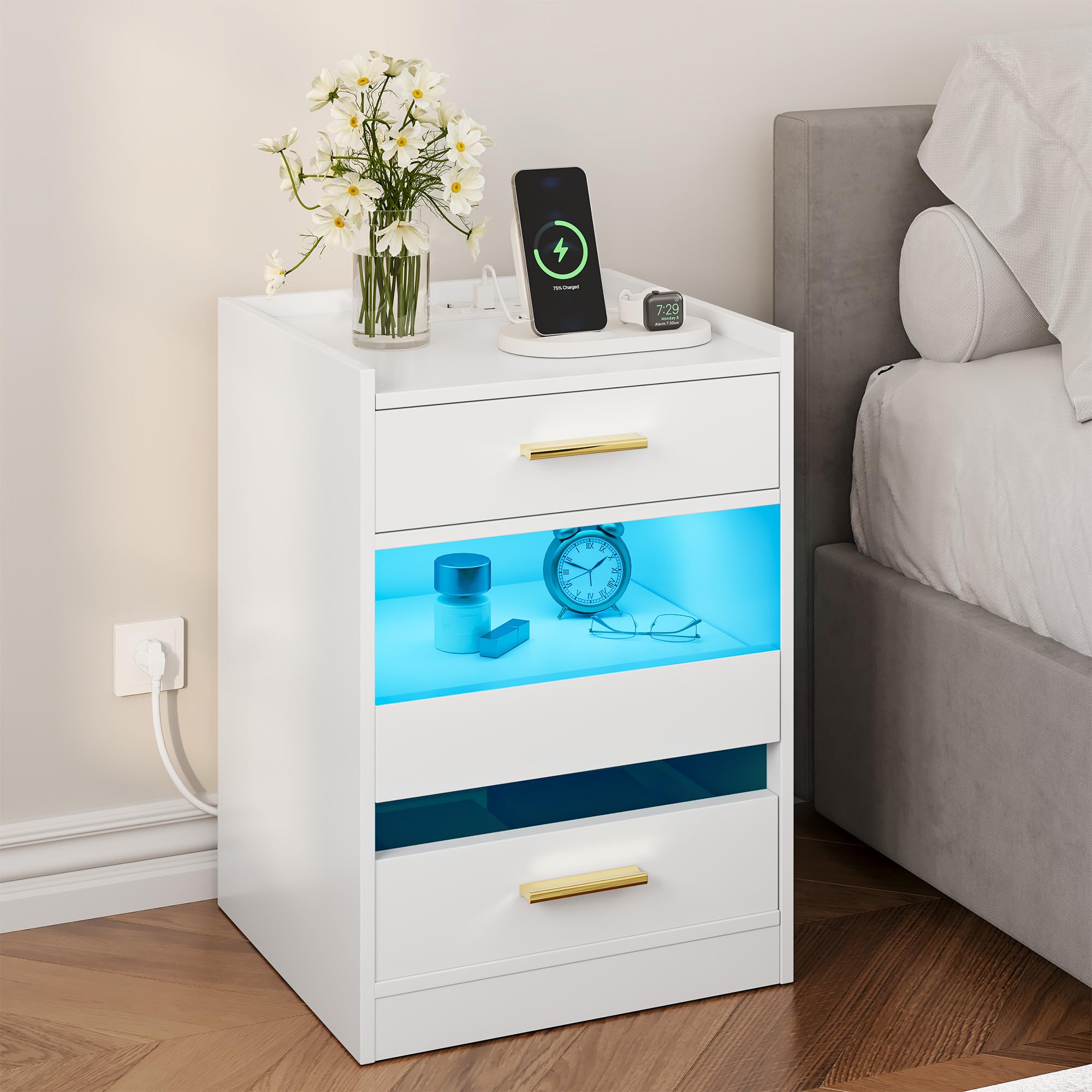 YITAHOME Tavolino con Stazione di Ricarica, Comodino con Armadietto, Tavolino Stretto a Forma di X con