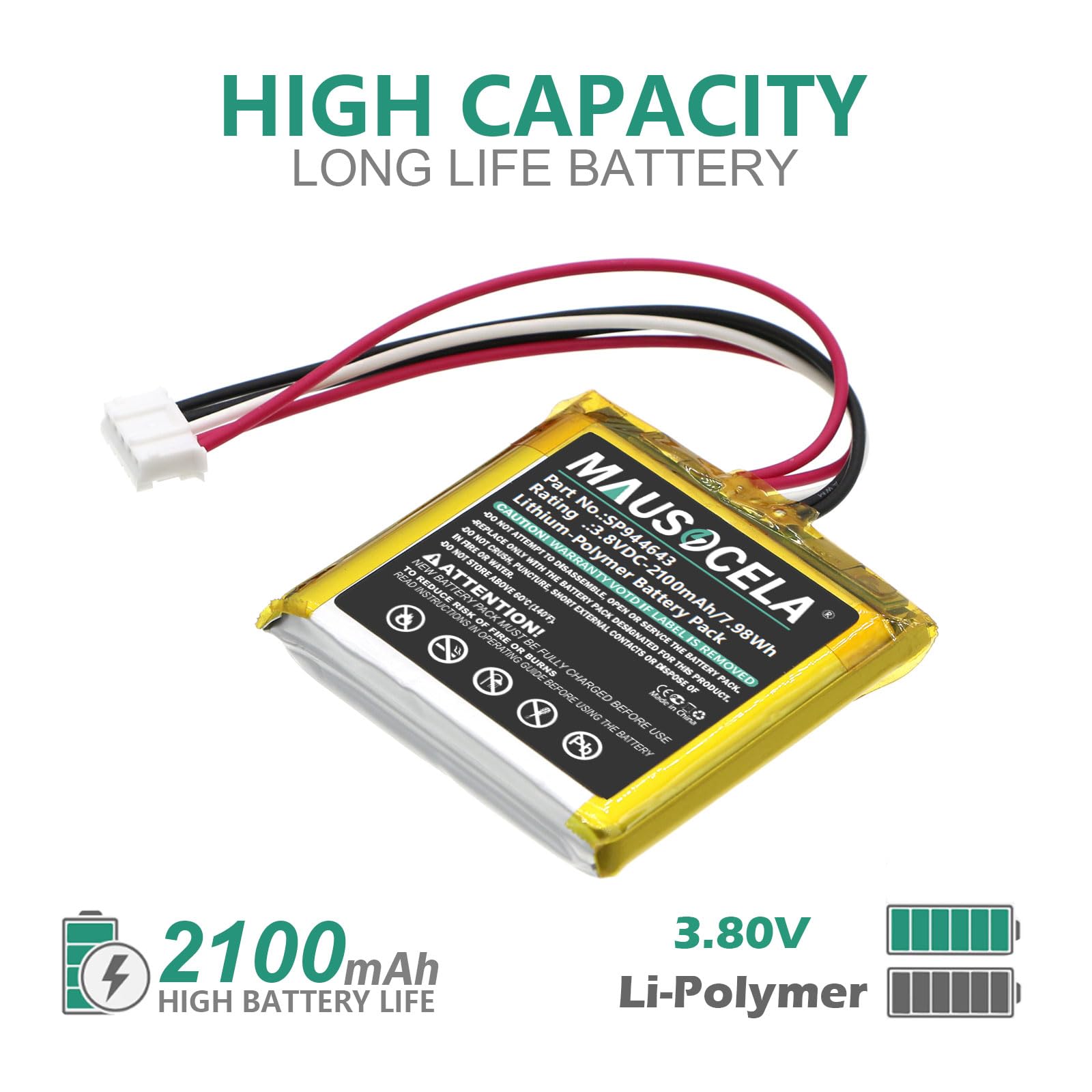 MAUSOCELA 2100mAh SP944643 Replacement Battery, Compatible with Logitech Ultimate Ears Wonderboom, UE Wonderboom, Wonderboom 2, 984-000851, 984-000839