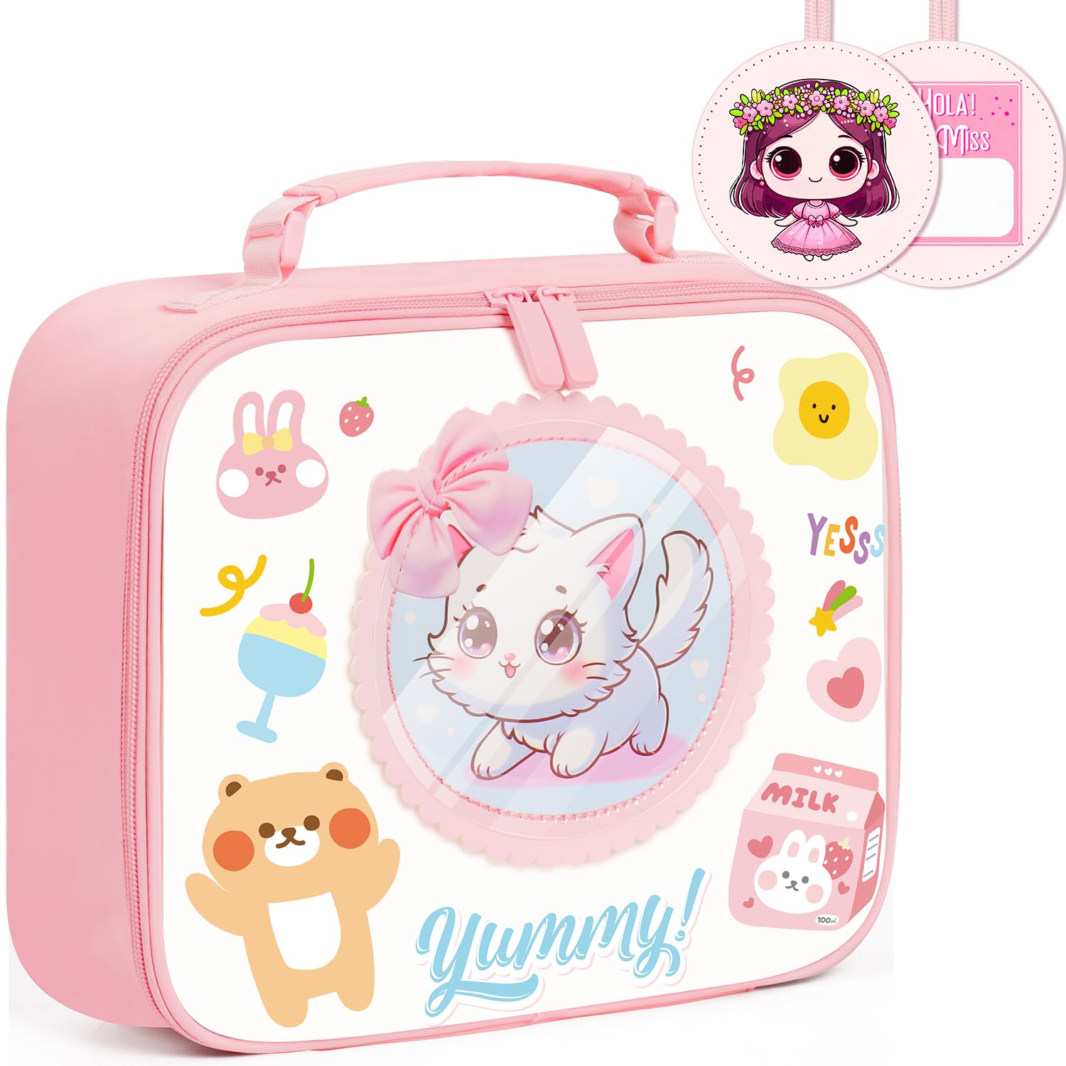 Kids Lunch Box for Girls - Insulated Leakproof Waterproof Reusable Lightweight Cute Pink Lunch Bag Cooler for Girls