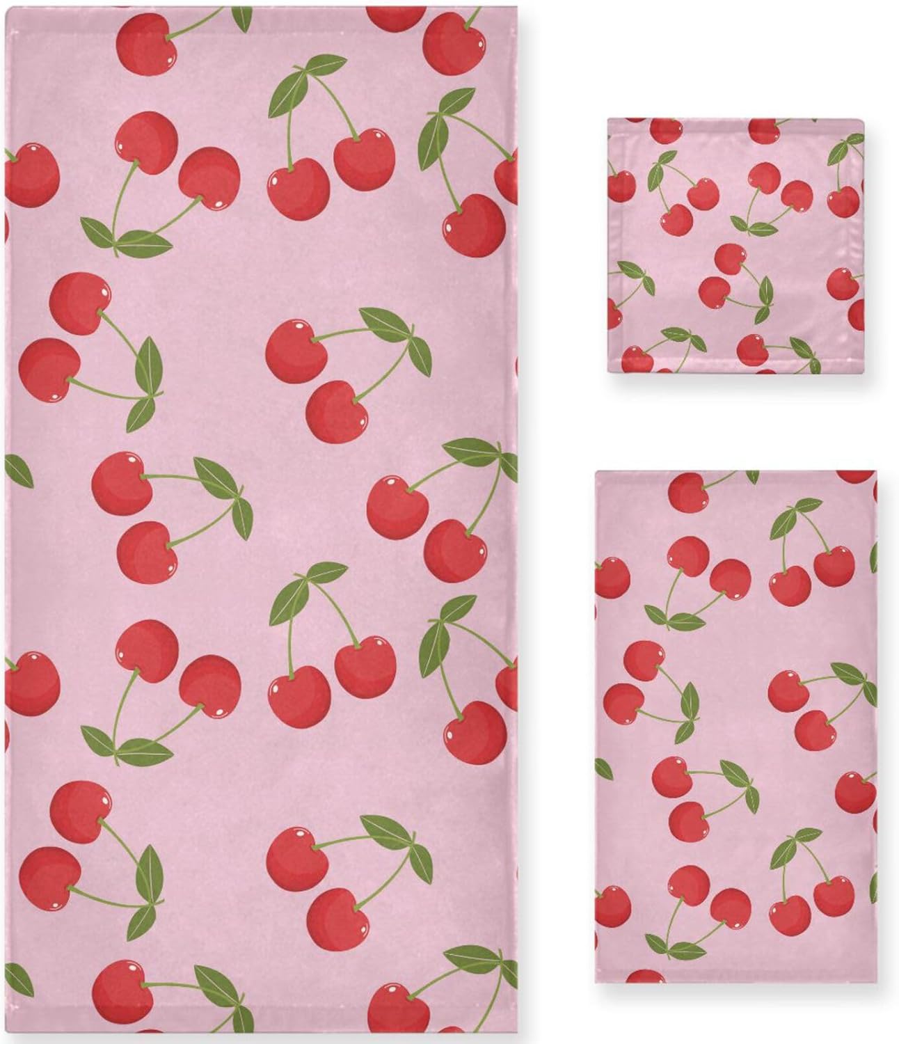 Naanle Soft 1 Bath Towel+1 Hand Towel+1 Washcloth, Cute Cherry Sweet Pattern 3 Towels Set Decor for Home,Bathroom, Hotel, Gym, Spa and Beach