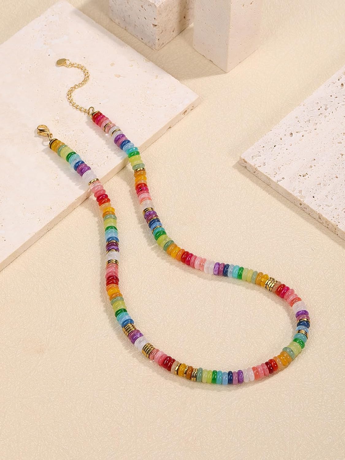 Jovivi Chakra Gemstone Beaded Choker Necklace for Women, Natural Healing Crystals Colorful Beads Stone Necklace 14K Gold Plated Summer Beach Handmade Boho Jewelry