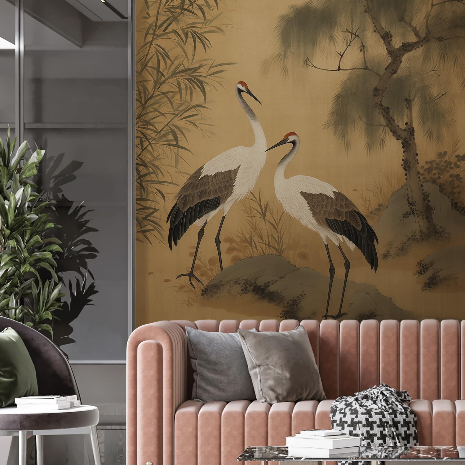 MUDECOR Wall Mural Cranes in Nature Traditional Painting Style Not Peel and Stick, Non-Woven Wallpaper Wall Decoration for Bedroom Living Room - 48"x48"