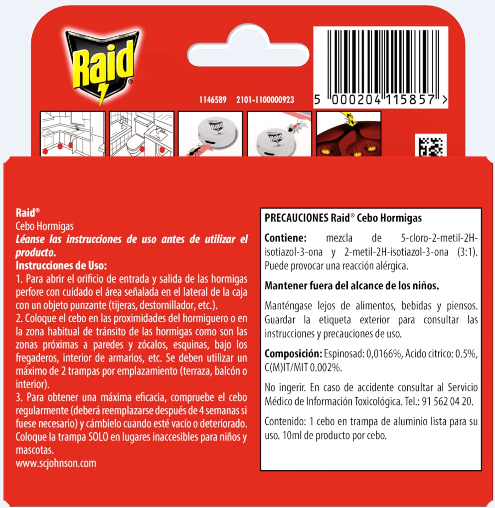 Raid Cebos - Trampa antihormigas, Elimina la Colonia de Hormigas Entera, Efectivo en Interiores y Exteriores, 1 Unidad (Paquete de 1)