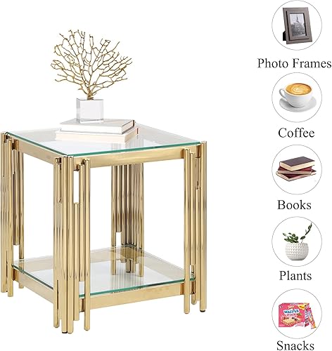 Miniatura 6 de SSLine Mesa auxiliar de vidrio templado,Mesa auxiliar cuadrada moderna con estante inferior,Mesas centrales de lujo con marco de acero inoxidable