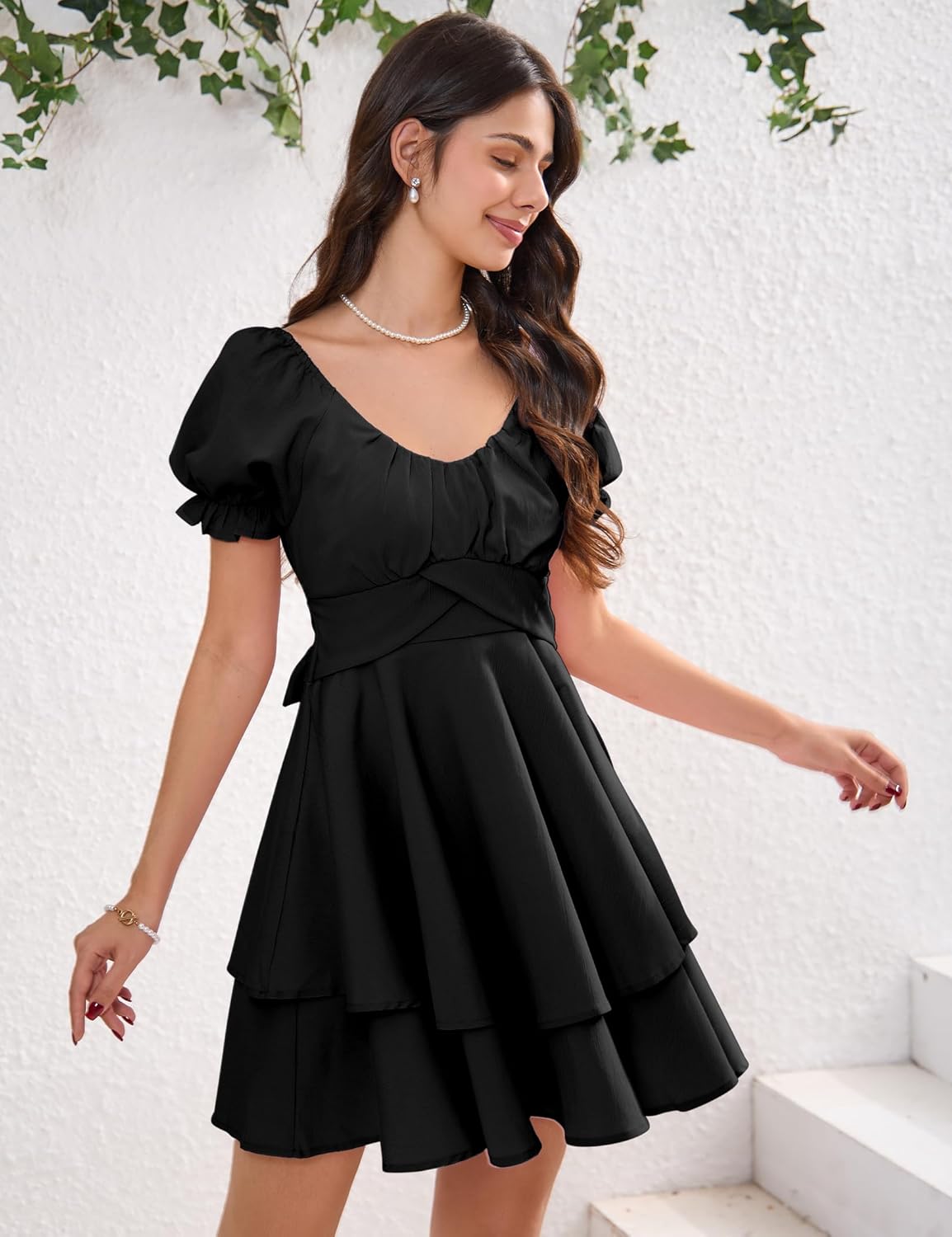 Women‘s Summer Lantern Sleeve A-Line Casual Mini Dresses Double-Layer Sleeves V-Neck Dress - Image 5