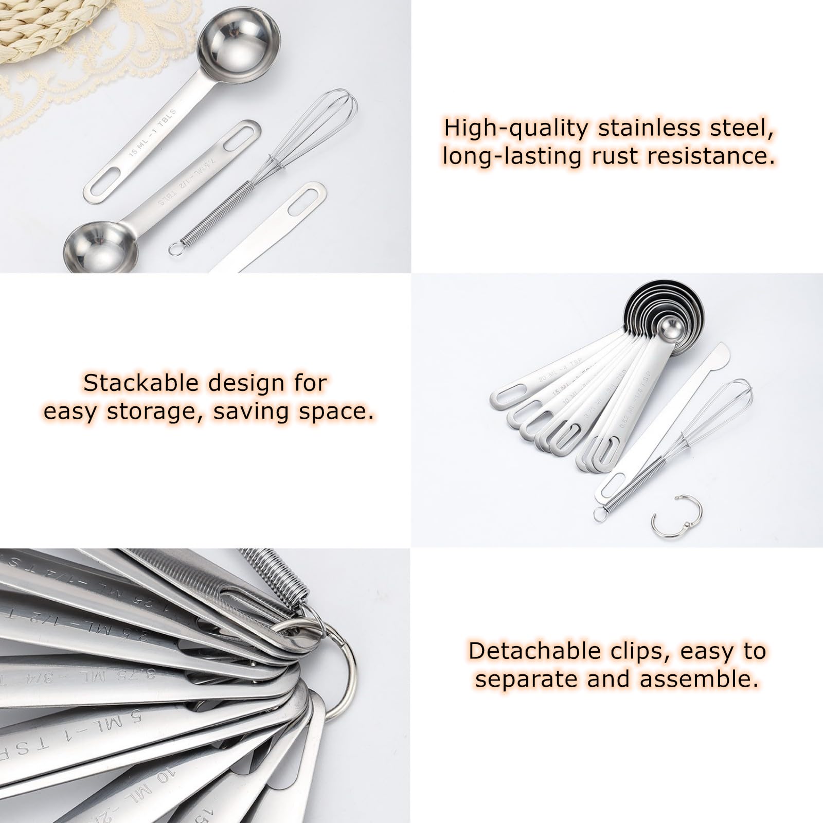 Eaykee Stainless Steel Measuring Spoons Set - 8 Piece Metal Measuring Spoons with Leveler & Whisk for Cooking & Baking, Kitchen Measuring Spoons Fits Spice Jars, Professional Heavy Duty Gadgets