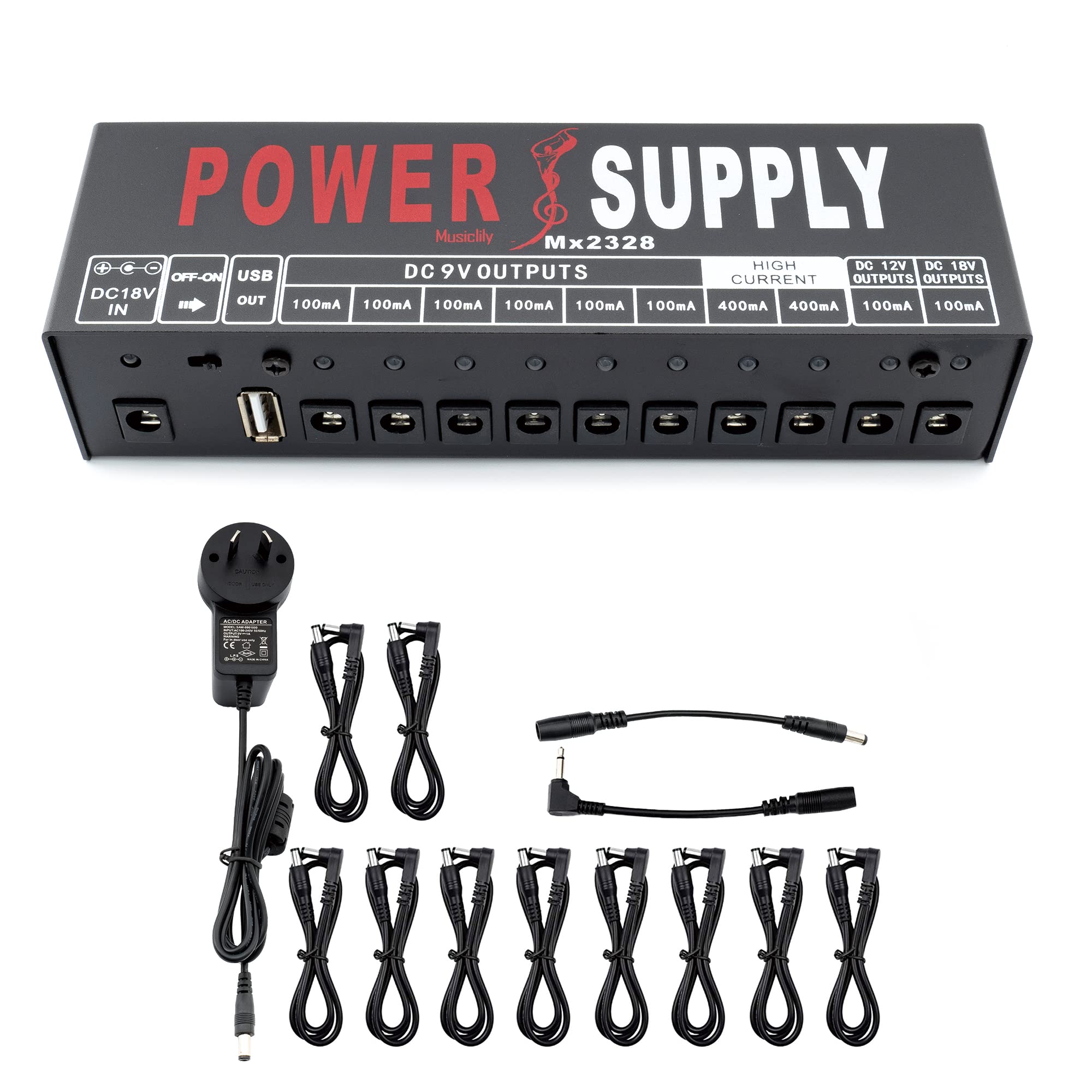 Musiclily Pro Gitarren Netzteil Power Supply 10 Way Isoliert DC Output mit USB-Port und EU Standard Adapter für 9V / 12V / 18V Effektpedal