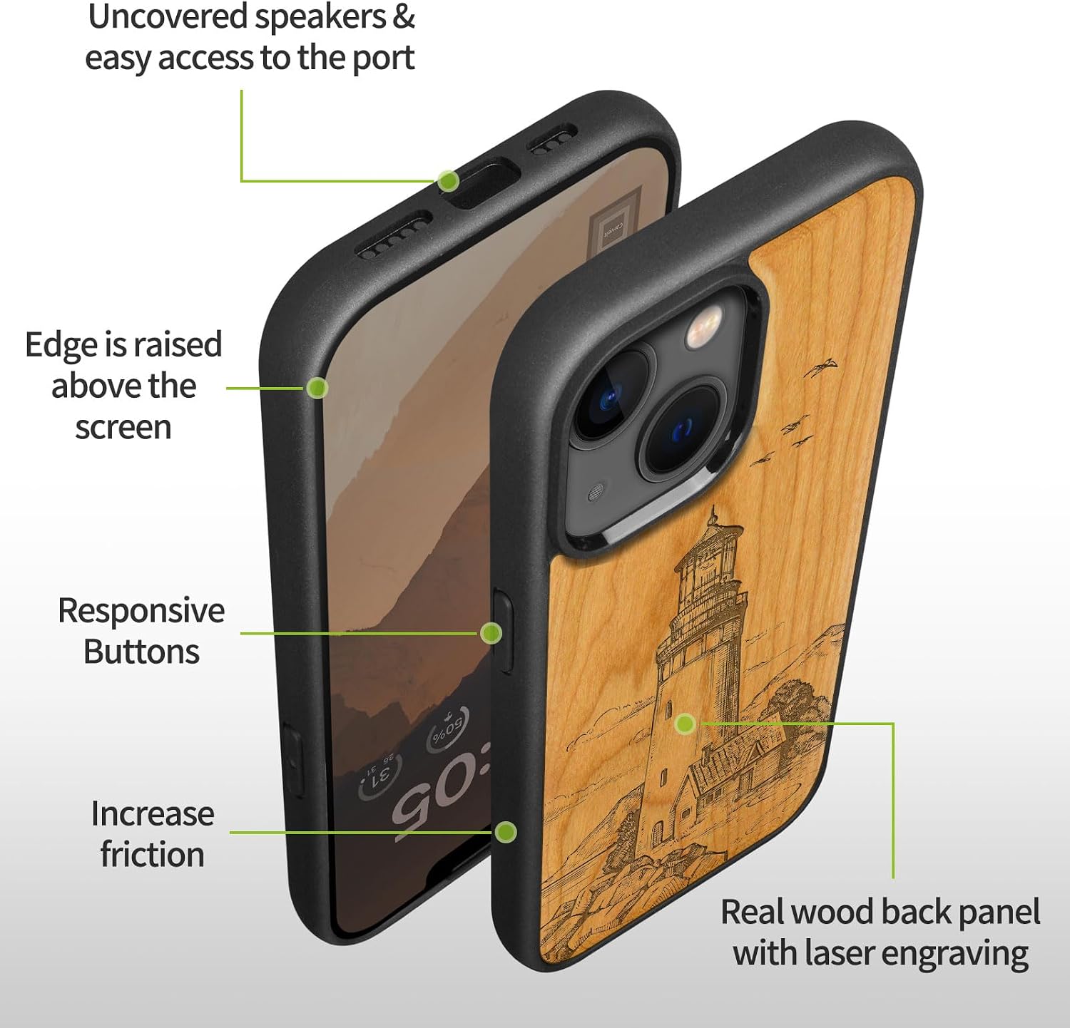 Carveit Magnetic Wood Case for iPhone 14 Case [Natural Wood & Black Soft TPU] Unique & Classy Wooden Shockproof Protective Cover Compatible with magsafe (Lighthouse -Cherry)