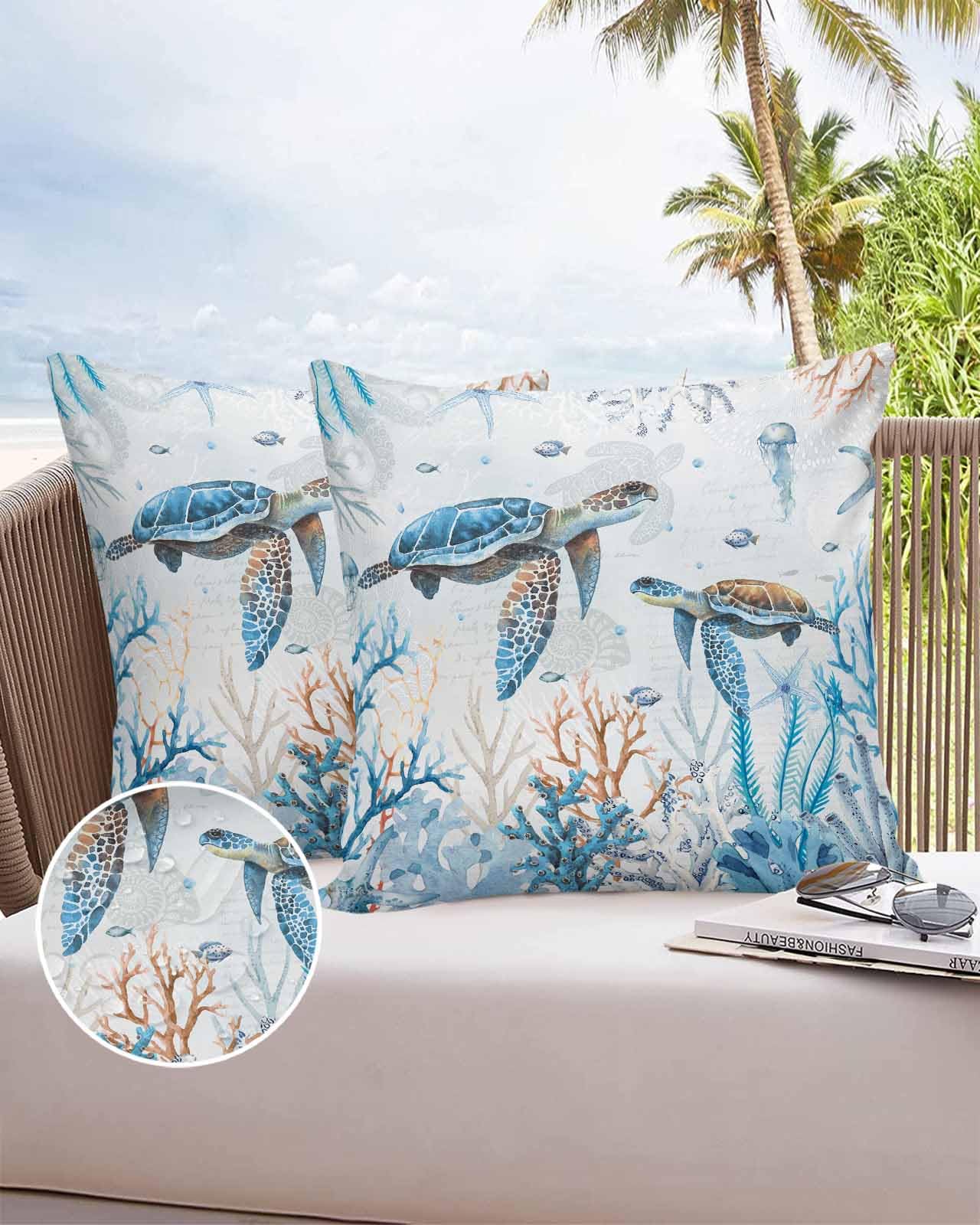Boanket Outdoor Pillow Covers 16 x 16 in, Blue Sea Turtle Waterproof Throw Pillow Cover Set of 2, Nautical Coral Summer Beach Coastal Home Decorative Square Cushion Covers for Patio/Tent/Couch/Garden