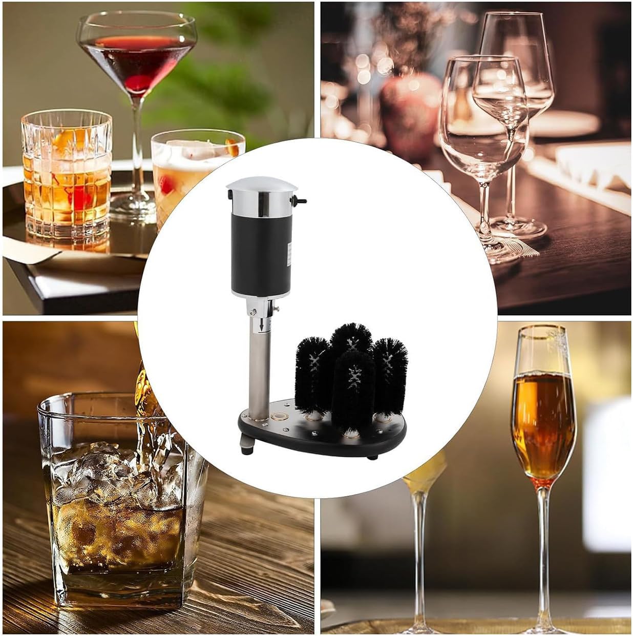 Limpieza De Vidrio Automática Comercial Máquina, Lavavasos Eléctrico De 5 Cepillos, para Vasos De Pierna Larga, Copas De Vino Tinto, Fregadero De Cocina De Bar, 600-800 Tazas/Hora