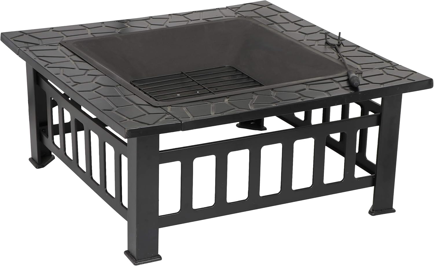 HomGarden 32" Fire Pit Outdoor Patio Square Metal Heater Deck Firepit Backyard Garden Home Stove Burning Fireplace w/Spark Screen,Poker,Cover,Grill