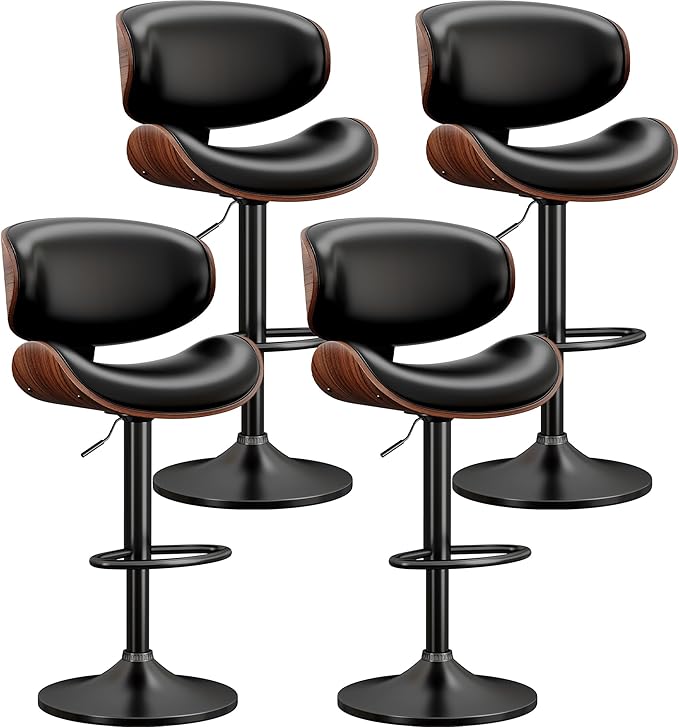 YaFiti Bar Stools Set of 4, Bentwood Adjustable Height Swivel Bar Stools, PU Leather Upholstered Bar Chair with Back and Footrest for Bar, Kitchen, Dining Room, Black