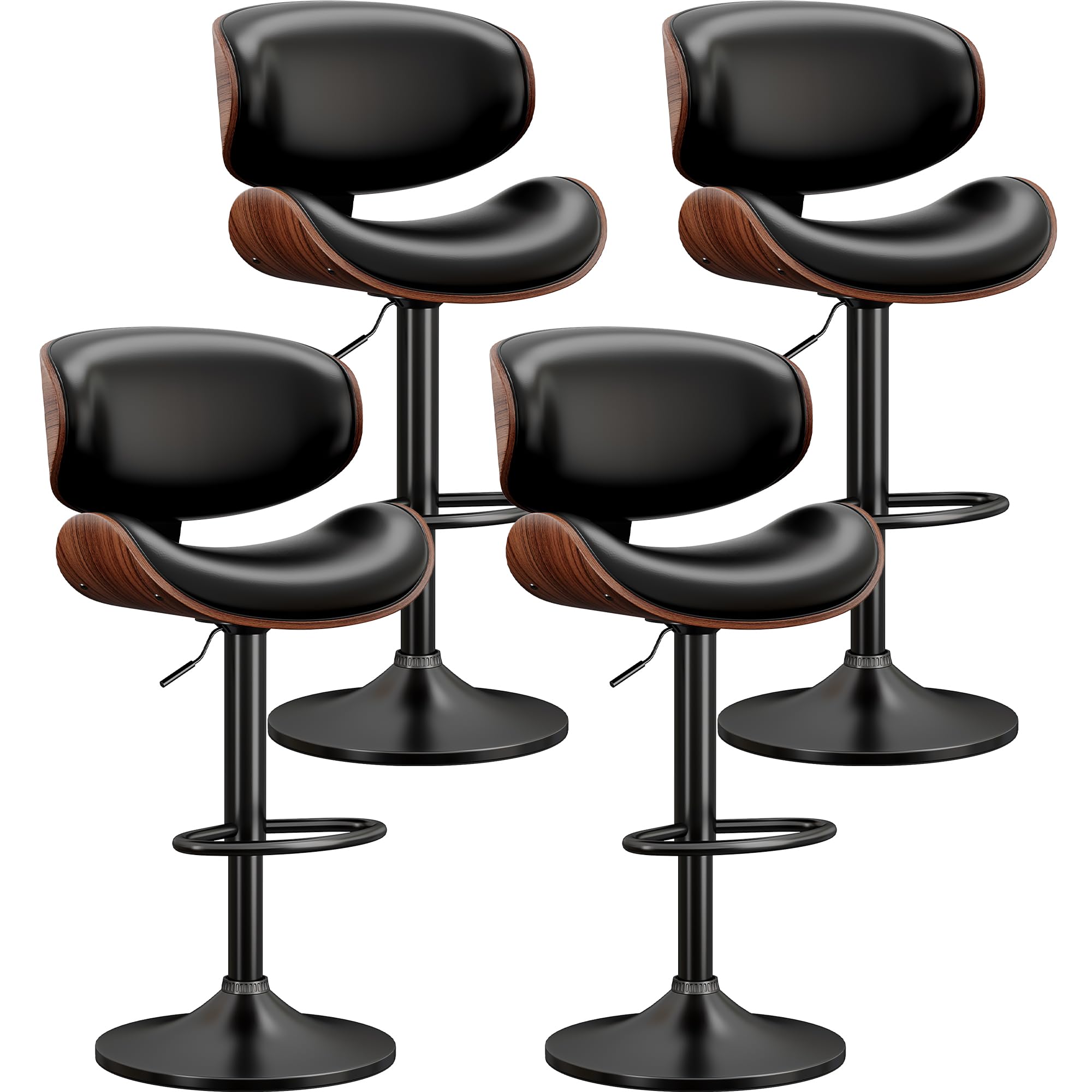 YaFiti Bar Stools Set of 4, Bentwood Adjustable Height Swivel Bar Stools, PU Leather Upholstered Bar Chair with Back and Footrest for Bar, Kitchen,