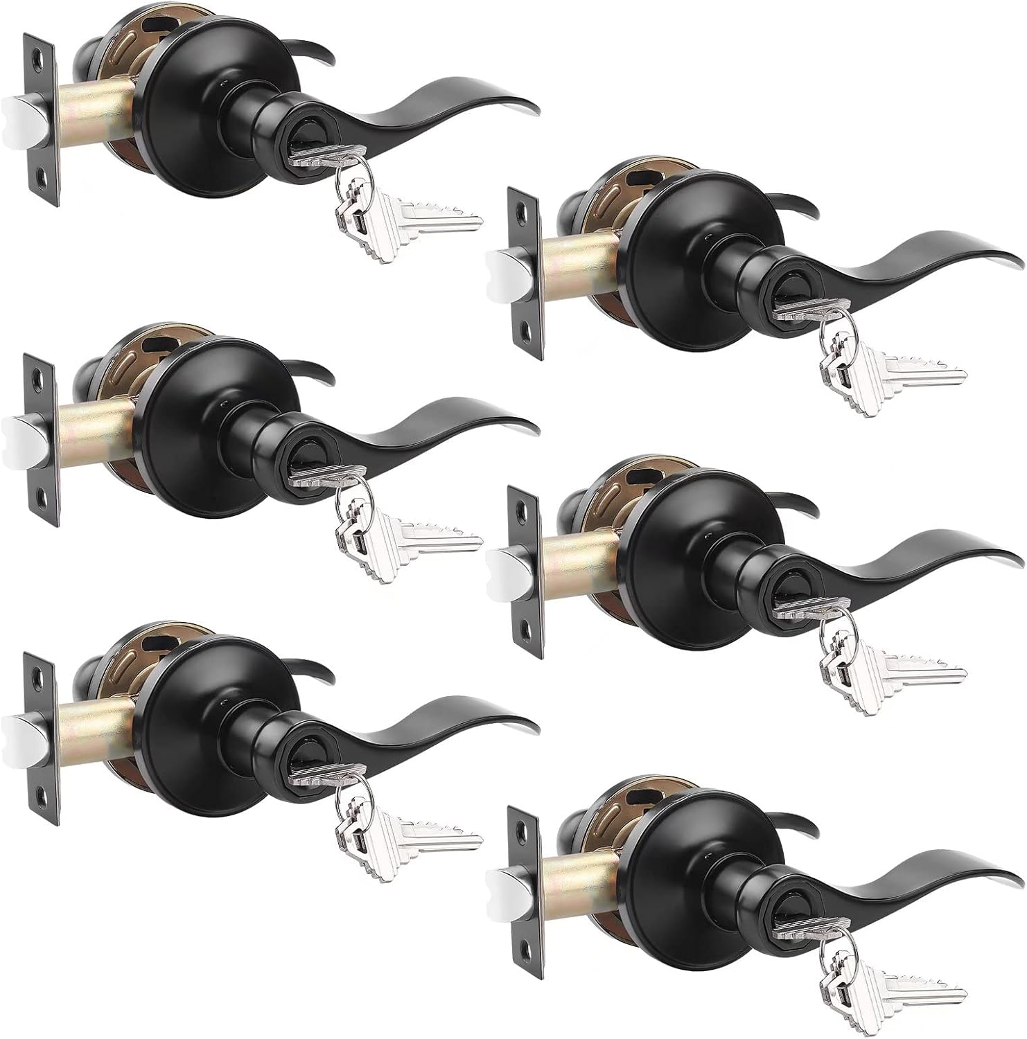 Probrico (6 Pack Keyed Alike Entry Door Lever [Lock with 3 Combo Keys],Locking Door Handle for Office or Front Door,Black Finish Wave Entrance Door Lock, Reversible Right & Left Side Handed
