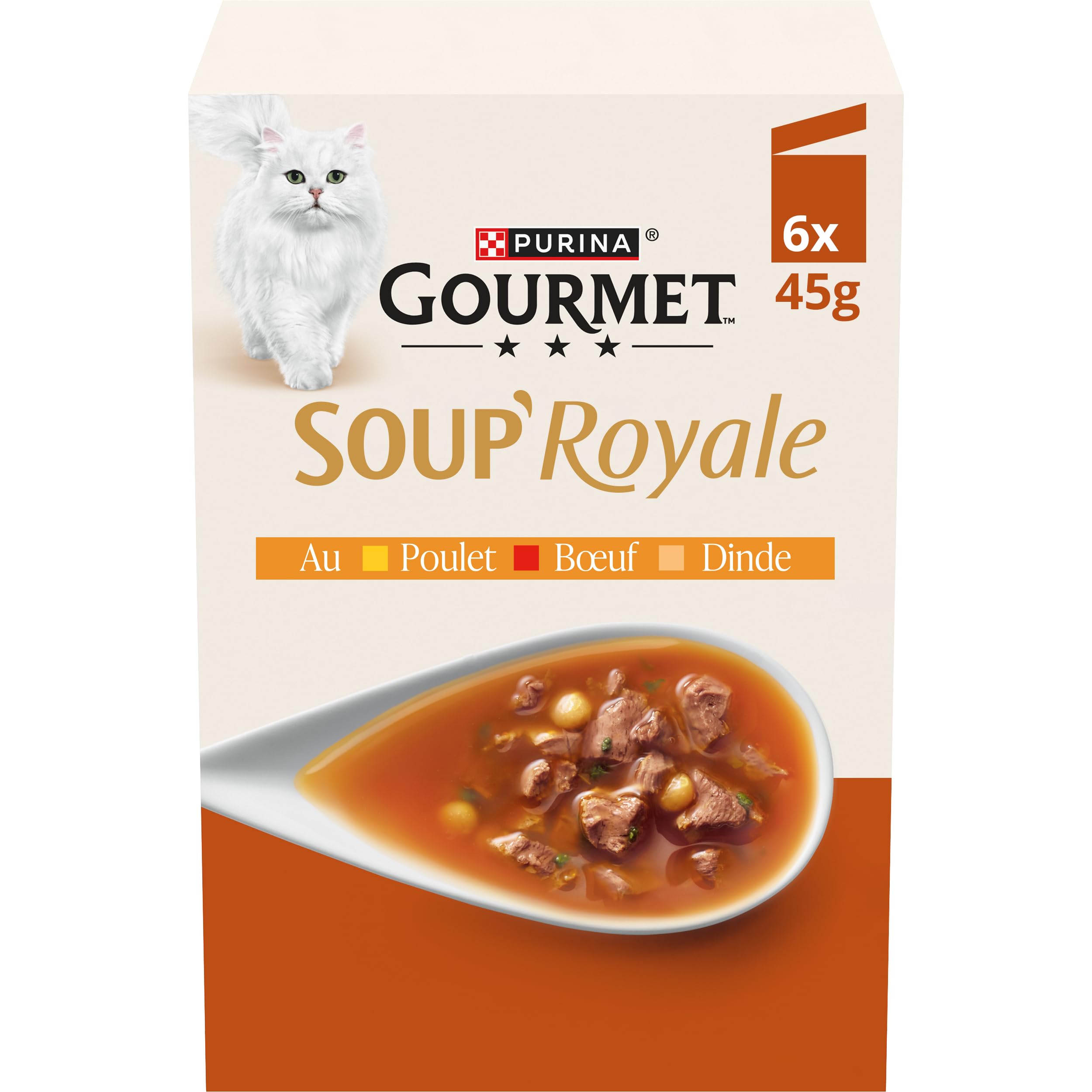 GOURMET | Soup Royale | Soupe Exquise à la Viande | Aliment Complémentaire Humide pour Chat Adulte| Elaboré avec des ingrédients de Haute Qualité | Poulet, Dinde, Bœuf | Sachets Fraîcheur | 6 x 45g