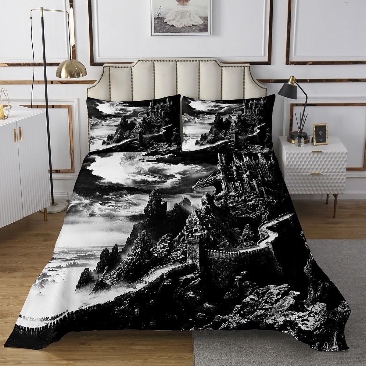 Erosebridal Gothic Bedspread Set Dragon Coverlet Set Fantasy Castle Dark Sky Quilt Set King,Vintage Mythical Animal Quilted Antique Prehistoric Wildlife Room Decor Aesthetic,Black