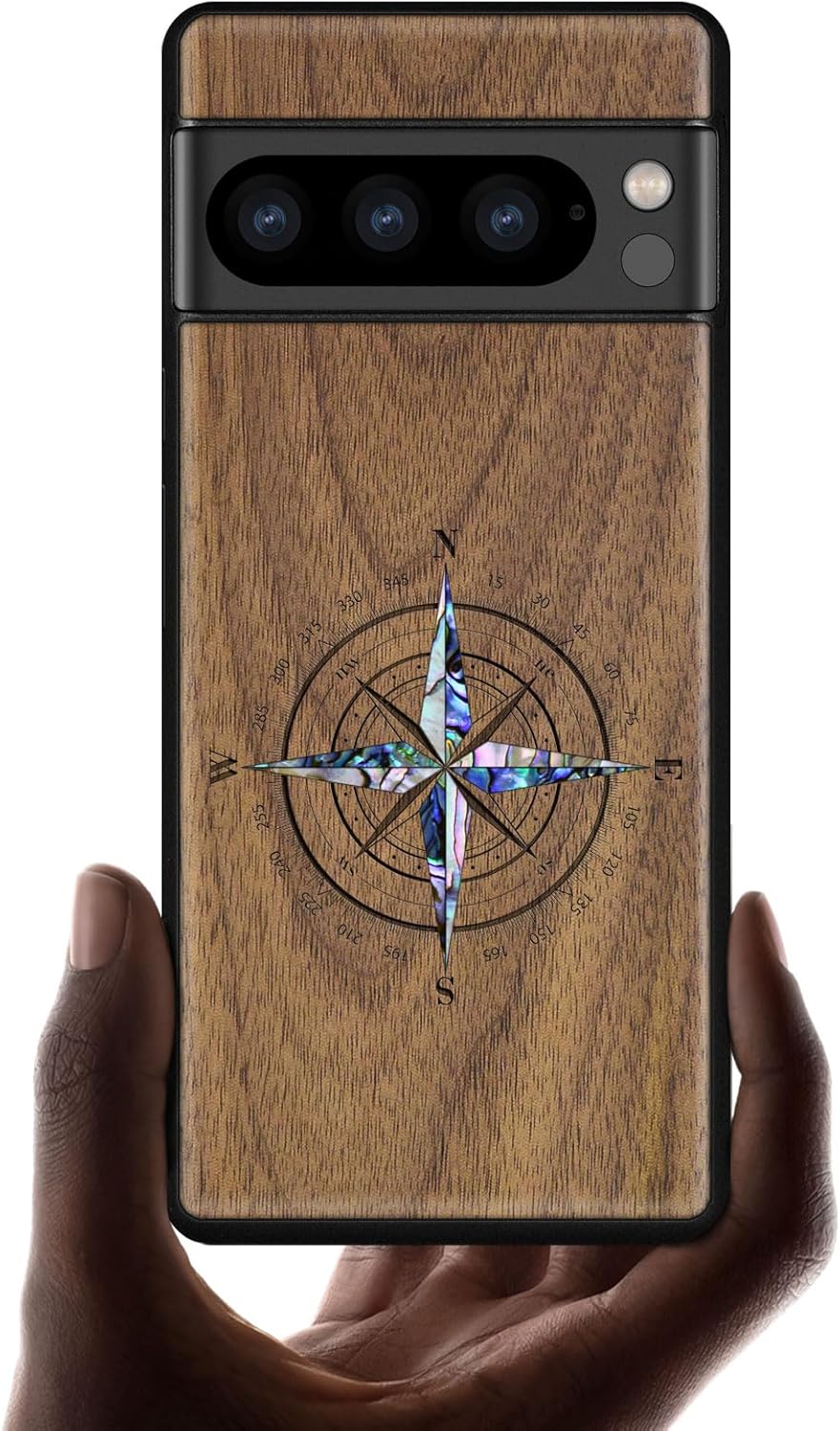 Carveit Designer Wooden Case for Google Pixel 8 Pro Case Cover [Wood Engraving & Shell Inlay] Compatible with Wireless Chargers Pixel 8 Pro (Shell Compass-Walnut)