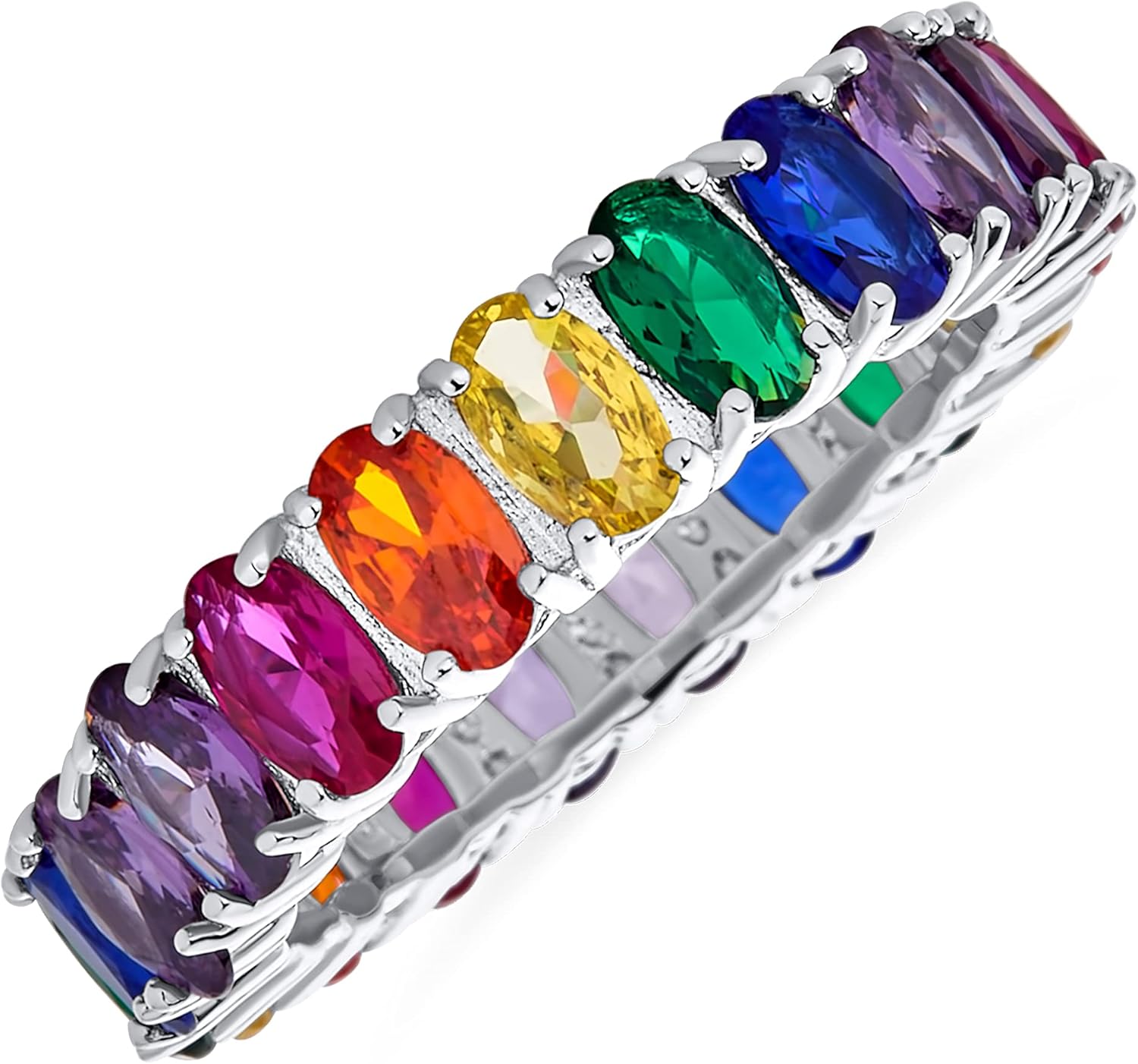 Bling Jewelry AAA Cubic Zirconia LGBTQ Colorful Rainbow Oval Cut Multi Color CZ Eternity Ring Anniversary Wedding Band For Women .925 Sterling Silver 5MM Stackable Rings