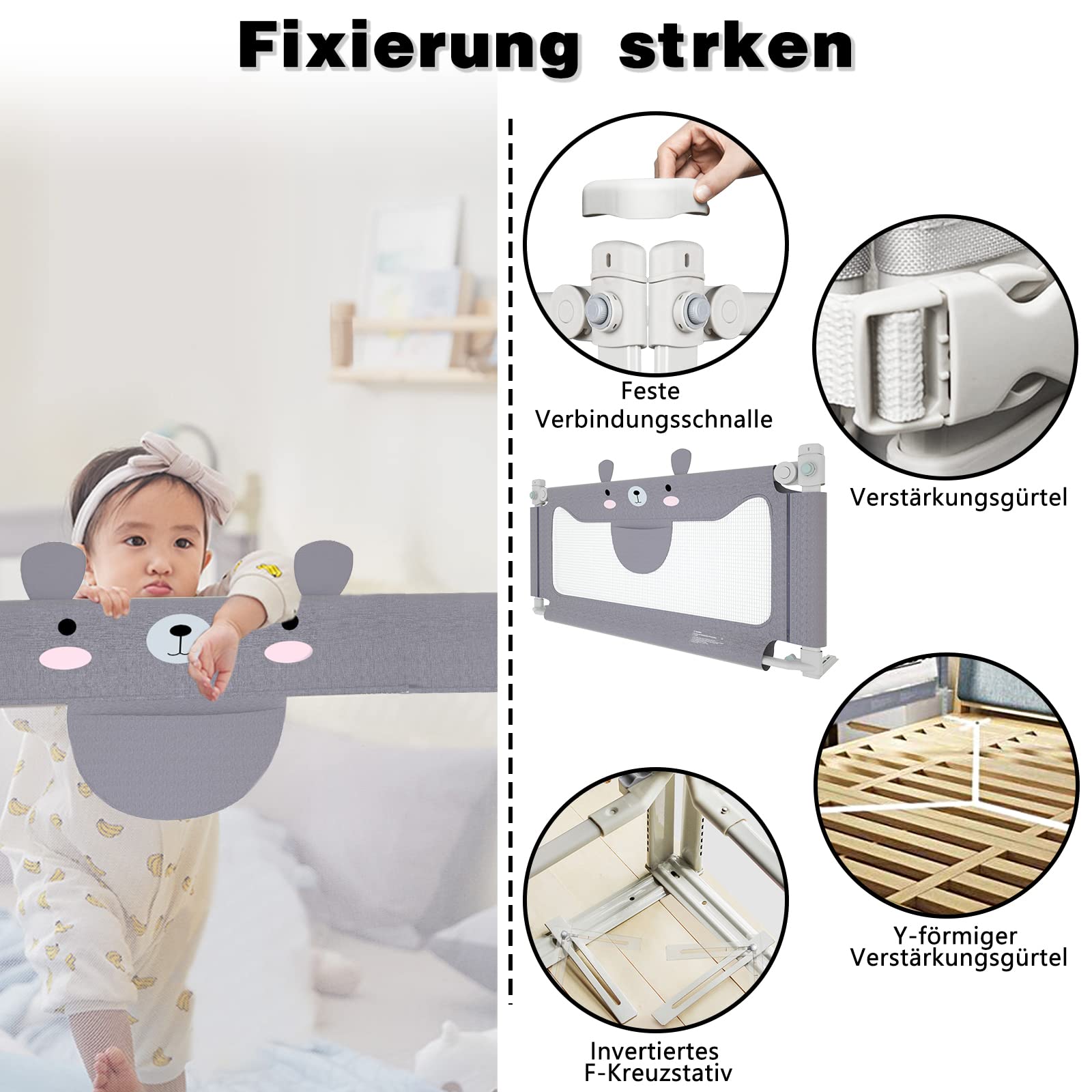 UISEBRT Barriera per Letto Bambini 150 cm, Protezione Dalle Cadute Accidentali, Altezza Regolabile, per Letto di Famiglia e Lettino, Grigio