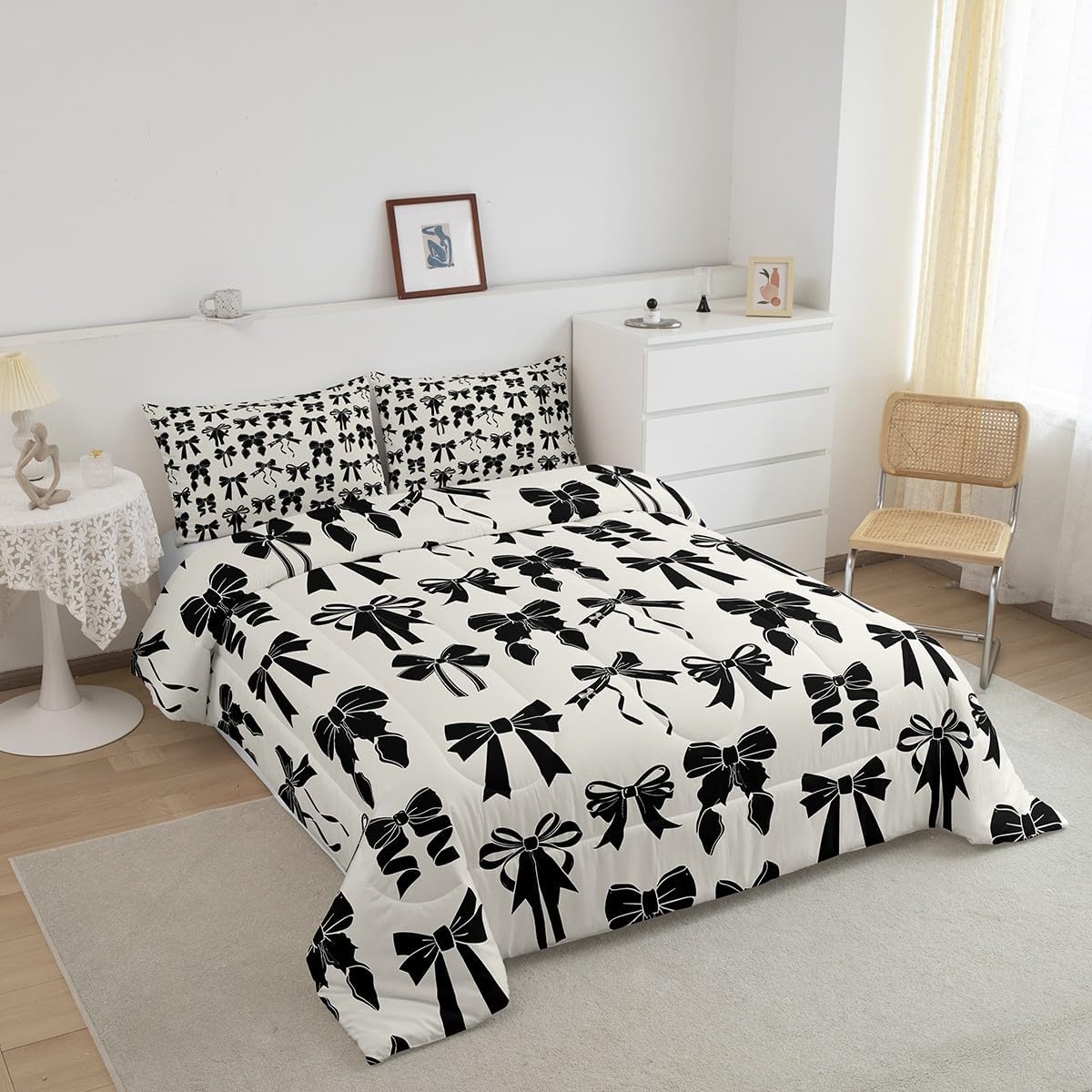 Feelyou Bow Bedding Set Queen Size Black Bow Comforter Set for Kids Boys Girls Decor Cute Bowknot Comforter Microfiber Girls Bow Duvet Set Bedroom Quilt Set