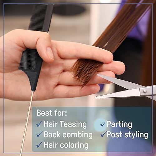 Miniatura 6 de Paquete de 4 peines de cola de rata de fibra de carbono, fibra de carbono, acero inoxidable, resistentes al calor, juego de peines para trenzar,