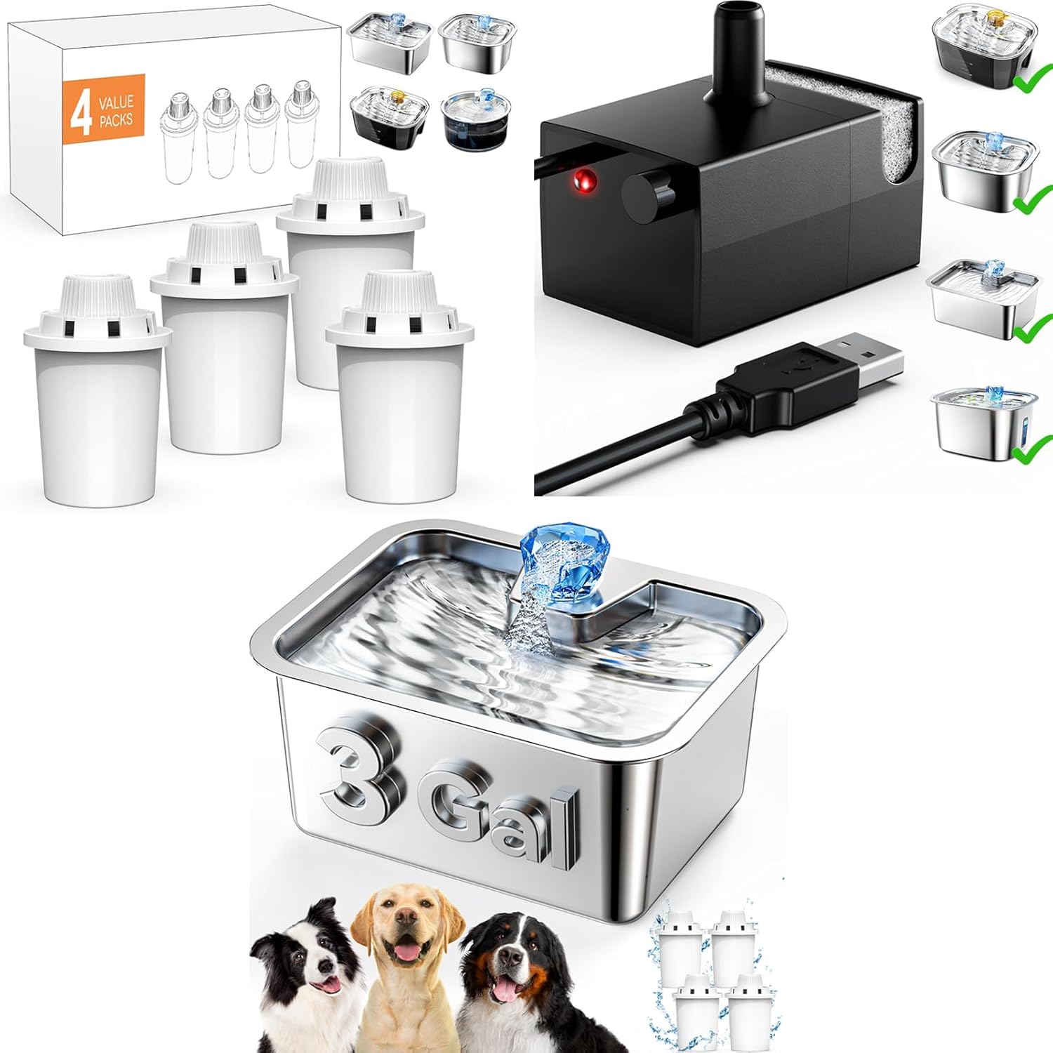 Large Dog Water Fountain Dispenser - 3 Gallon Pet Water Fountain with 8 Filters & 2 Pumps for Large Dogs, Automatic Big Dog Water Bowl Dispenser Stainless Steel Drinking for Multi-pet