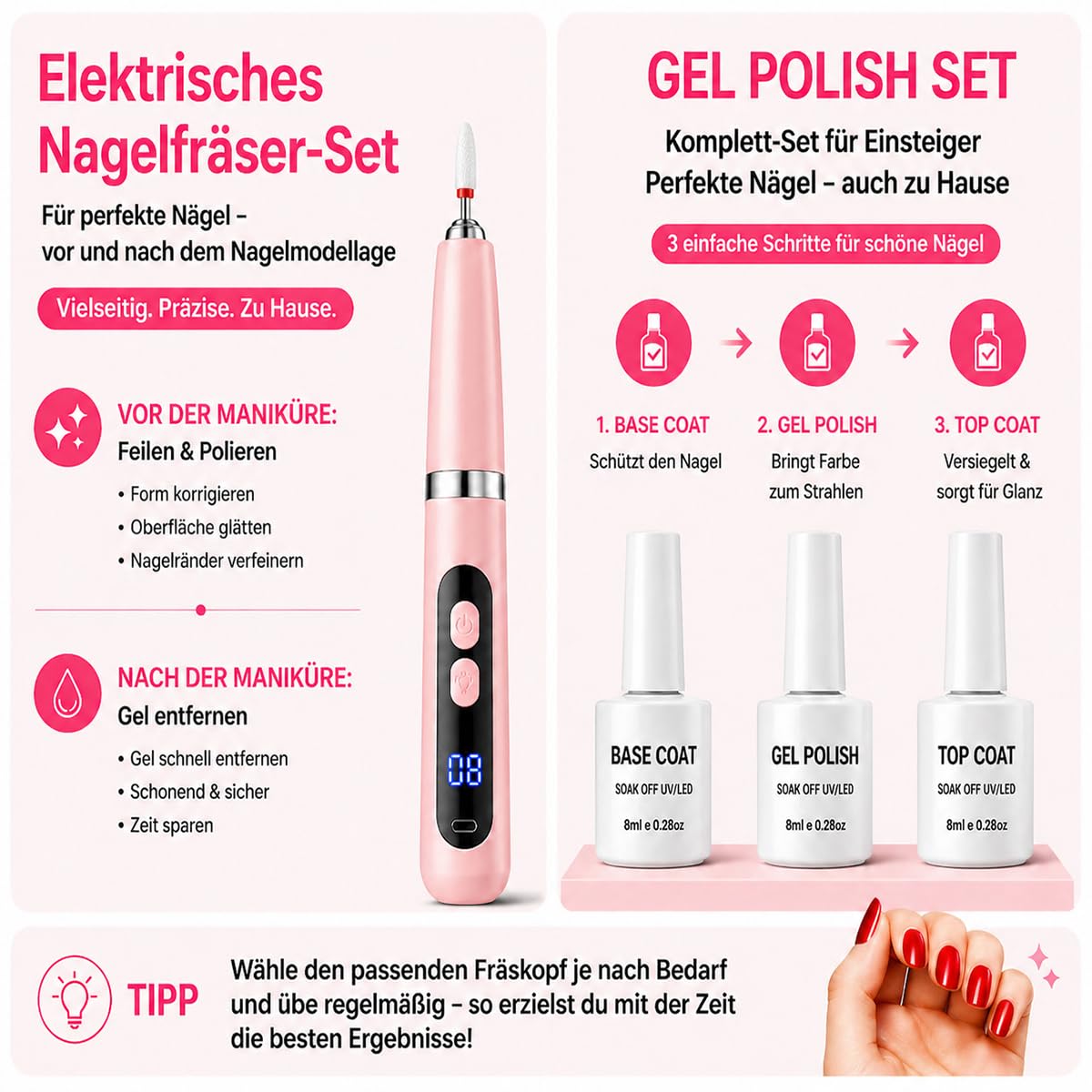 Gelnägel Starter Set für Anfänger, Kabelloser Nagelfräser mit Integriertem UV-Licht, UV Gel Nagellack Set mit Base Coat, Top Coat und Farbe Rot, Komplettes Nagelset zum Nägel Selber Machen
