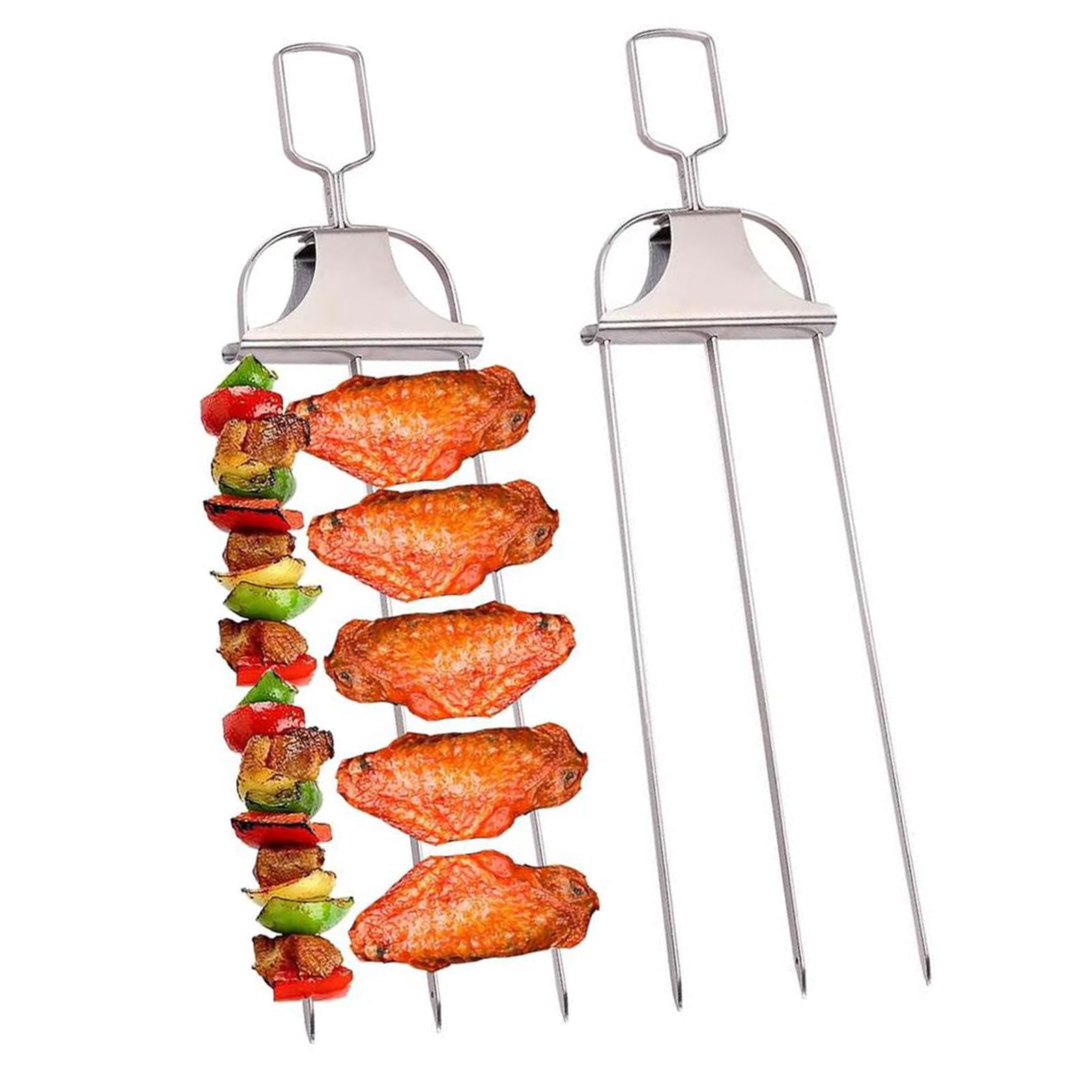 2 Pcs 3-Way Grill Skewers, 3 Prong Stainless Steel BBQ Skewers with Push Slider Bar, 14 Inch Reusable Metal Kabob Skewer for Outdoor Grilling, Heavy Duty Barbecue Fork for Meat, Chicken, Shrimp