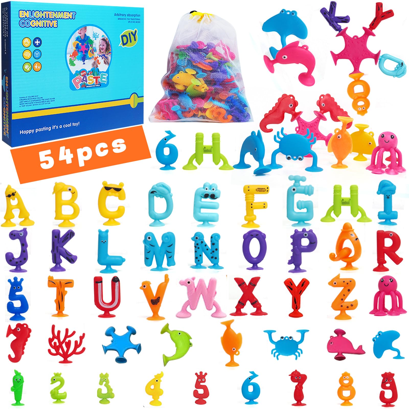 Juego de Ventosas, 54 Piezas Juguetes Bañera,Juguetes Sensoriales, Juguetes de Viaje,Juguetes de Ventana,Montessori Juguetes a Partir de 3,Juguetes de iluminación con Forma de Letras y números