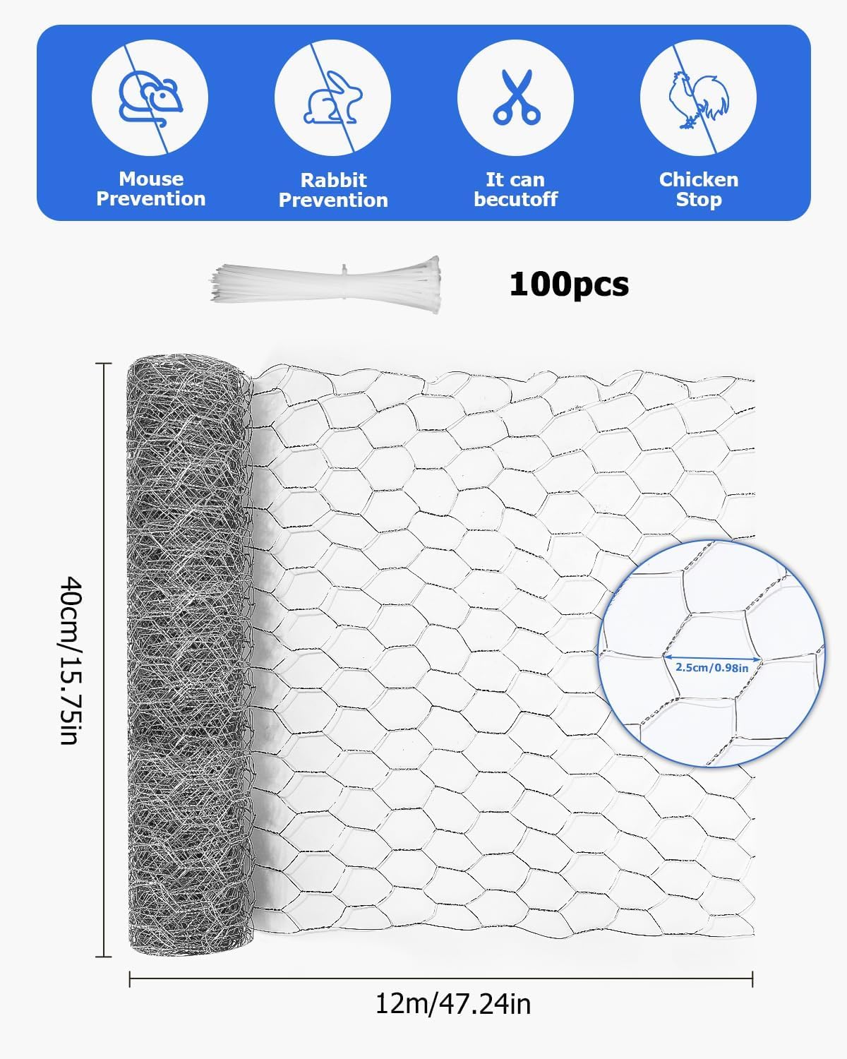 Grillage à Poule 0.4X12m, Grillage Fine Maille, Grillage Hexagonal Galvanisé,Idéal Pour Clôture Jardin Et Enclos Pour Petits Animaux