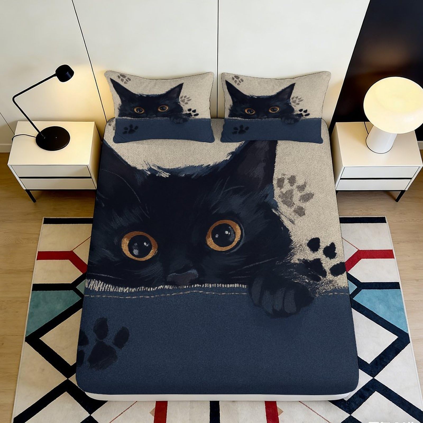 3D Printed Black Cat Eyes Fitted Sheet Microfiber Soft Anti-Slip Cartoon Paw Mattress Cover for Bedroom Dorm Decor 160x200x25cm