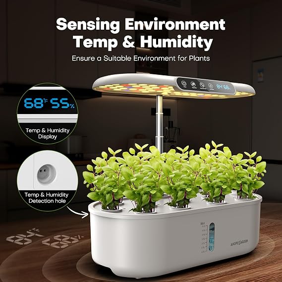 نظام زراعة Ahopegarden Hydroponics مع 12 كبسولة، مجموعة حديقة داخلية مع ضوء LED للنمو وشاشة LCD لدرجة الحرارة والرطوبة، مضخة زراعة ذكية وهادئة للأعشاب والخس والخضروات واستخدام حديقة المطبخ