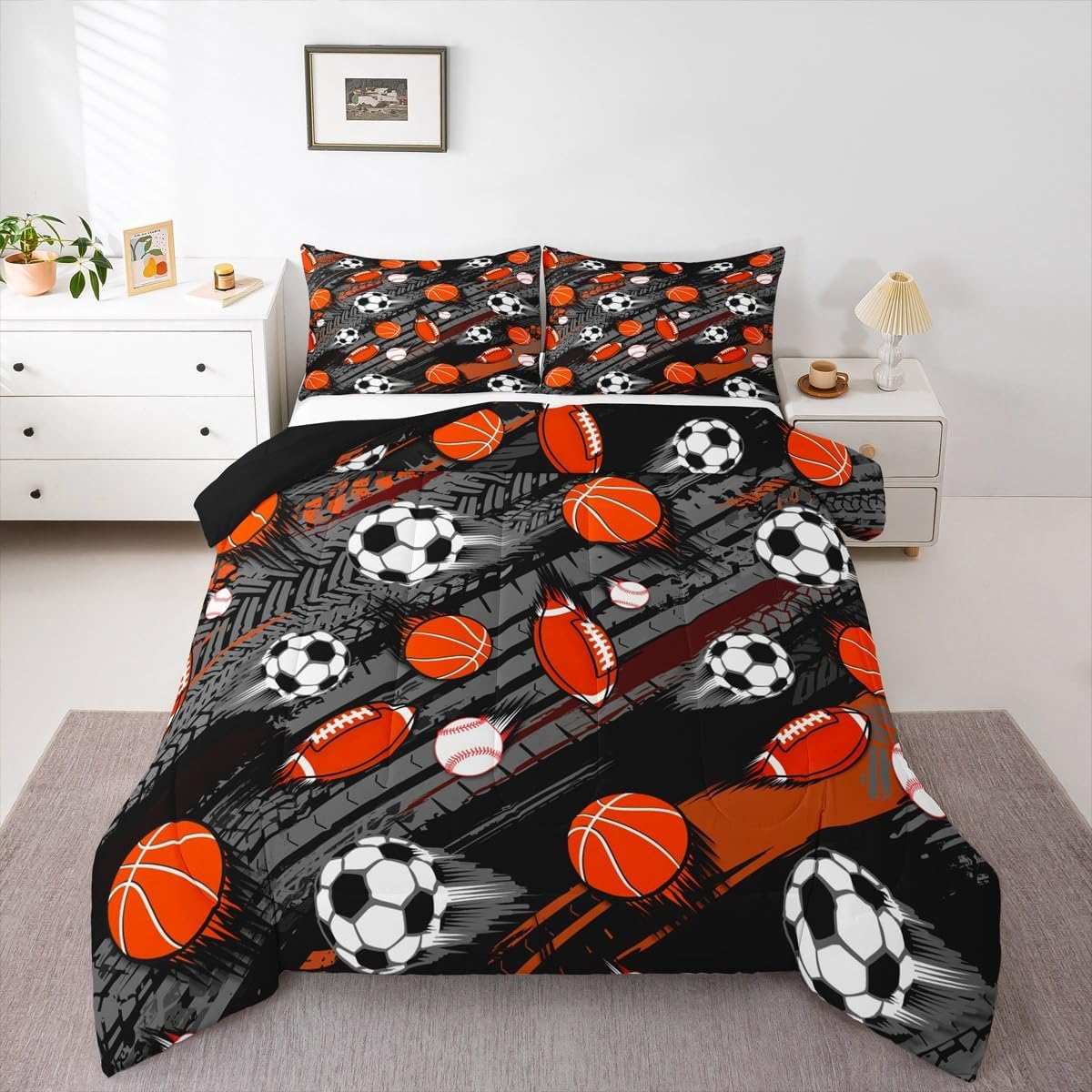 Homewish Sports Theme King Size Comforter Set,Kids Soccer Football Decor All Season Bedding Set,Teens Baseball Basketball Comforter,Sports Gaming Decor Quilt Set Bedroom Collection 3Pcs