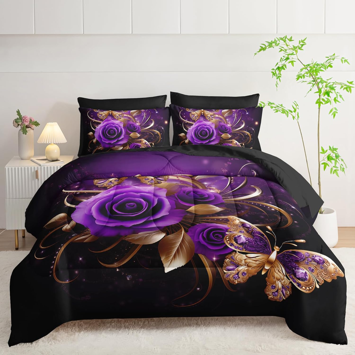 AILONEN Gold Purple Rose Flower Comforter Set Queen - 7Pcs Soft Floral Butterfly Bed in a Bag -Girls Rose Comforter,Fitted Sheet,Flat Sheet,2 Pillowcases,2 Pillow Shams for Women
