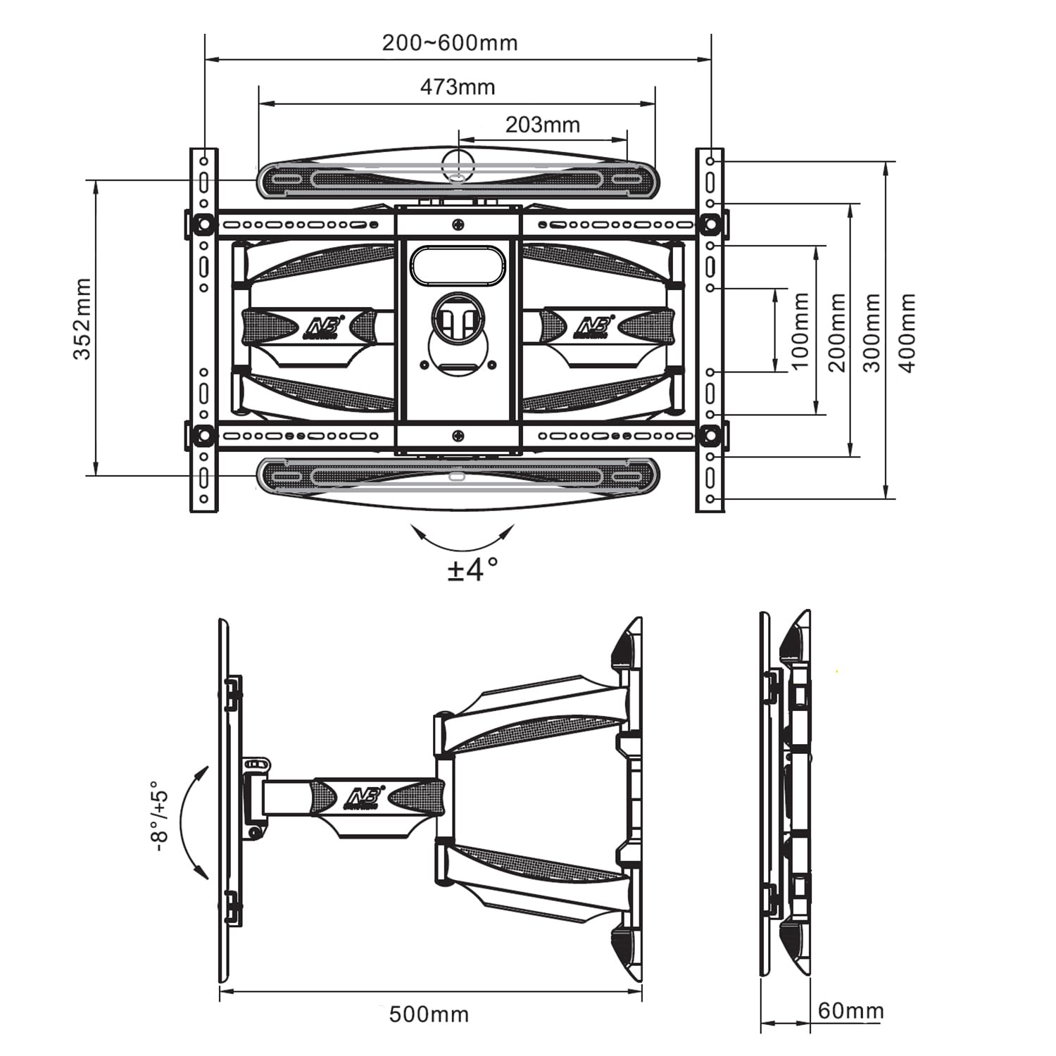 Grande supporto da parete per TV da 55 a 85 cm, orientabile e inclinabile, fissaggio a parete per TV di due bracci, VESA Max di 600 x 400 mm, con capacità di carico fino a 68,2 kg