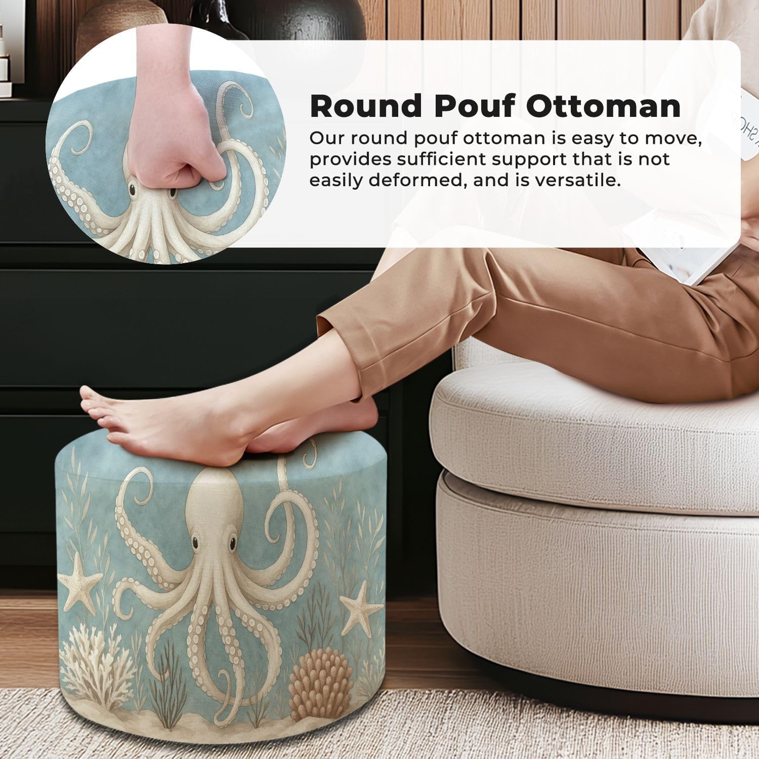 Round Pouf Ottoman Beach Decor Ocean Sea Turtle Octopus Coastal Teal Vintage Whale Foot Stool Foot Rest Floor Stool Bean Bag Chair Cotton Linen Removable Indoor Outdoor for Living Room Bedroom