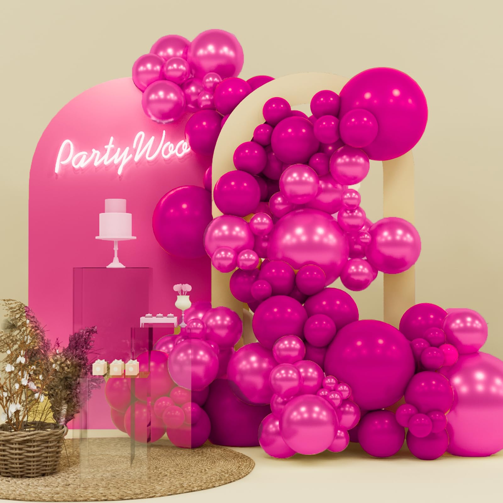 Photo 1 of PartyWoo Hot Pink Balloons 140pcs Different Sizes of 18 12 10 5 Inch Metallic Pink Magenta Fuchsia Balloon Arch Kit for Engagement Bachelorette Baby Shower Anniversary Birthday Party Decorations