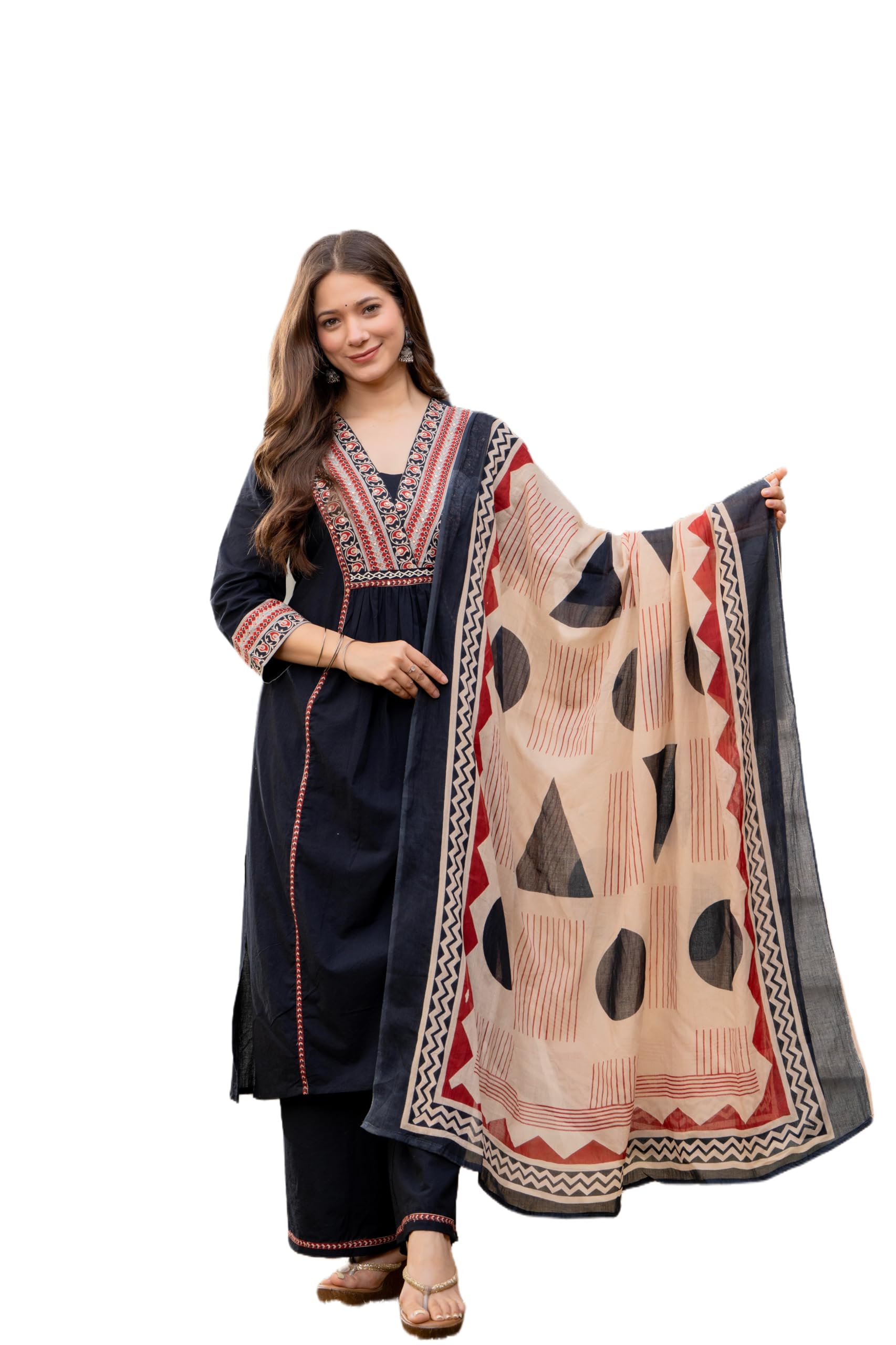 MEERA FAB Women Floral Printed Pure Cotton Straignt V-Neck Kurta with Trousers & Dupatta