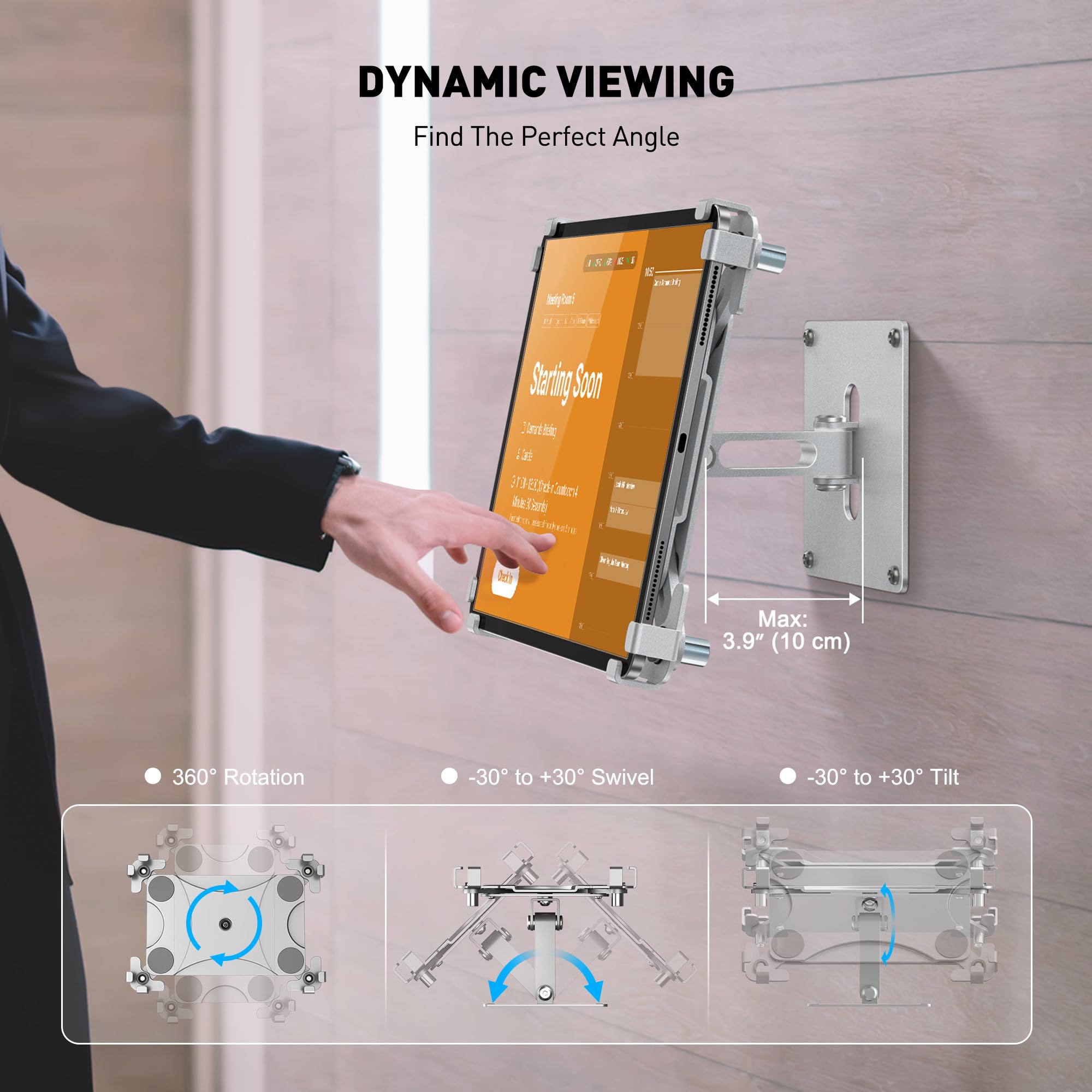 AboveTEK Soporte de Pared para Tablet, Soporte para iPad con función antirrobo (9,7" - 13"), rotación e inclinación de 360°, Soporte VESA para expositores comerciales de Punto de Venta-Plateado