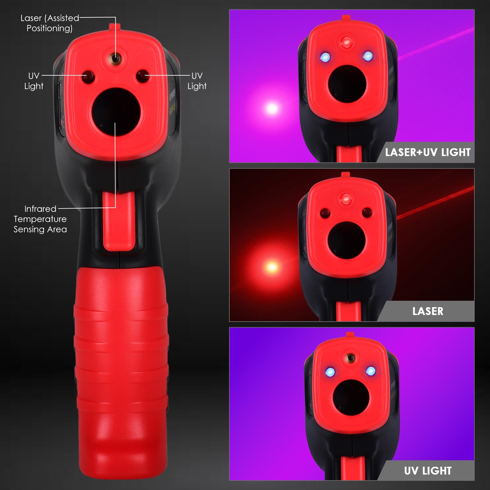 Termometro a Infrarossi Senza Contatto -50~850°C Puntamento Laser Sonda Termocoppia Tipo K Rilevamento UV