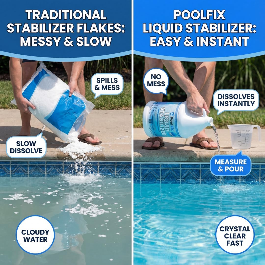 Pure Cyanuric Acid Pool Stabilizer Liquid – 1 Gallon Conditioner for Chlorine Pool, UV Protection for Longer Use, Easy-Pour, Fast-Acting Formula for Balanced Pool Water