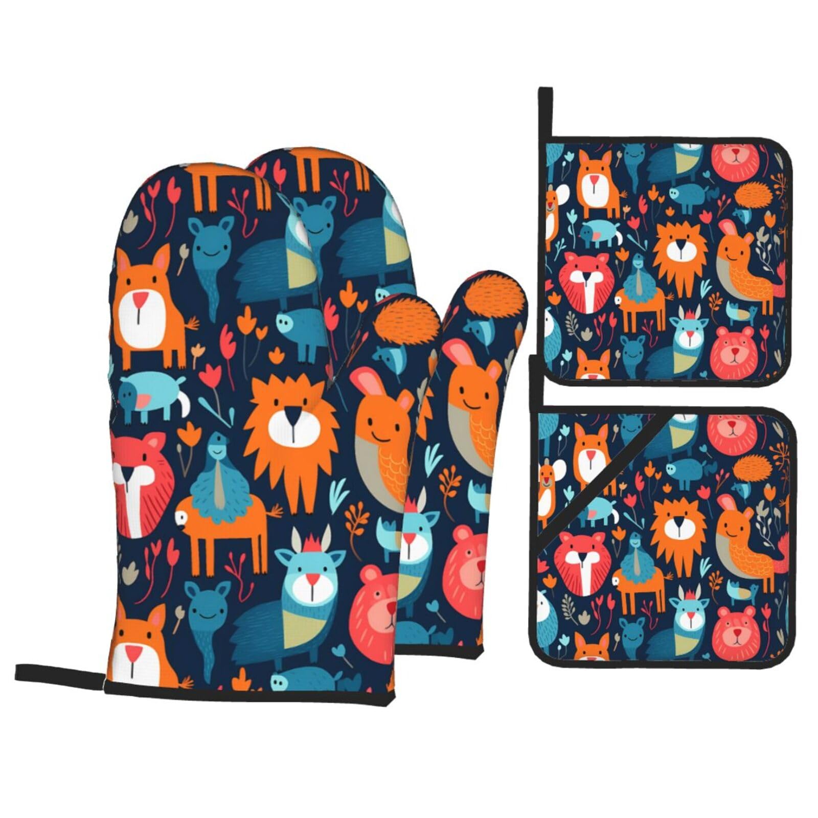 HJFCZH Hug Animal Picture Kitchen Baking Set of 4 Thick Insulated Oven Mitt & Pot Holders, Anti-Scalding for Microwave, Oven, Outdoor BBQ