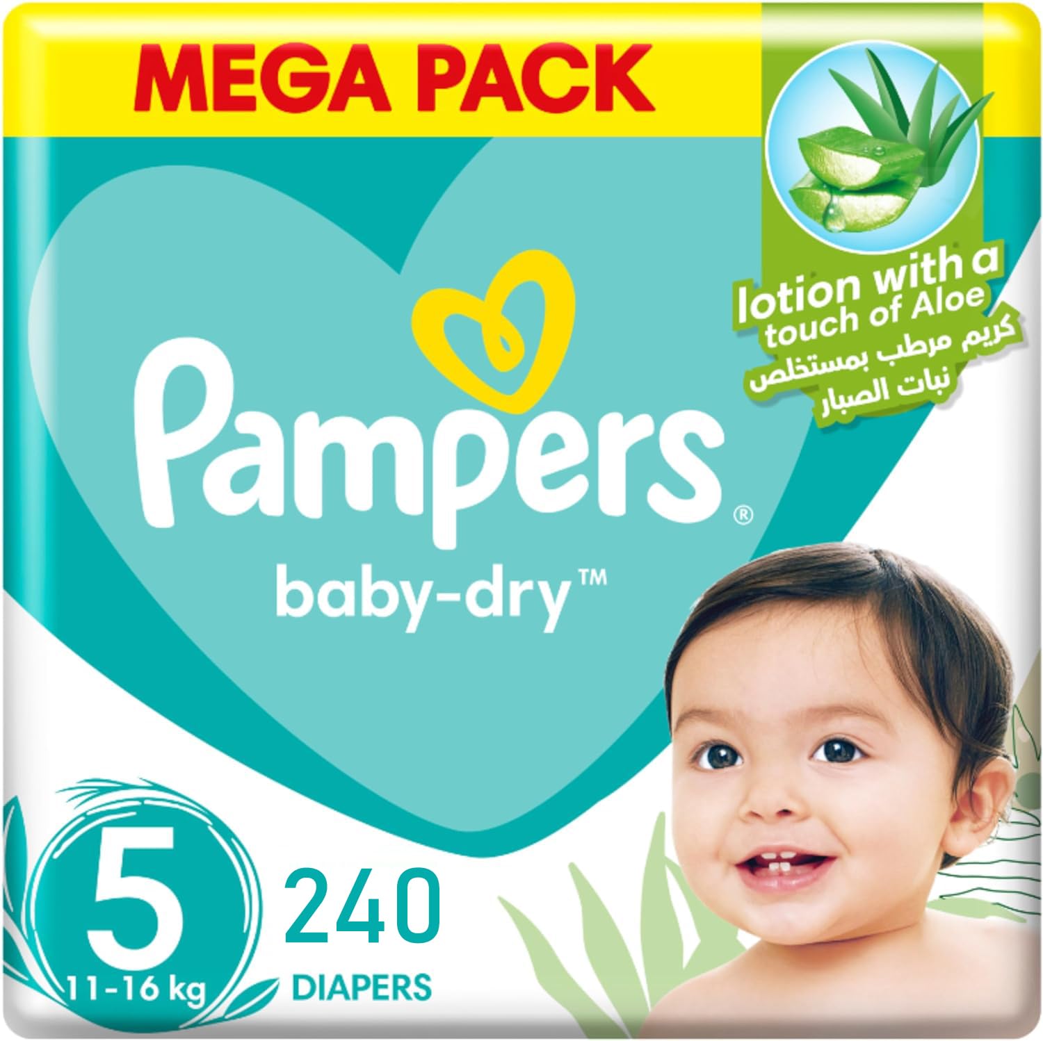 Baby-Dry Size 5 Taped Diapers with Aloe Vera Lotion, up to 100% Leakage Protection, Size 5, 11-16kg, 240 Count